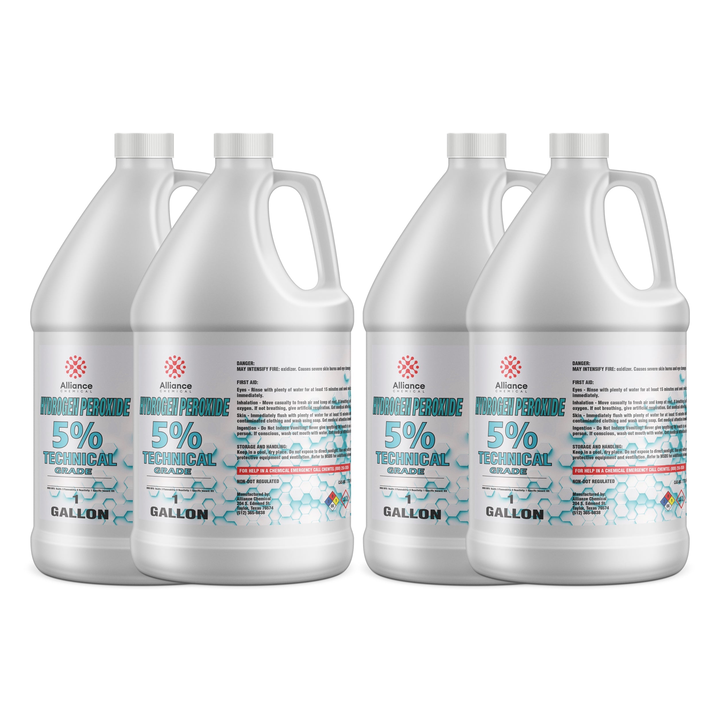 4x1-gallon containers of Alliance 5% Technical Grade Hydrogen Peroxide in white HDPE jugs with safety warnings and chemical hazard symbols.
