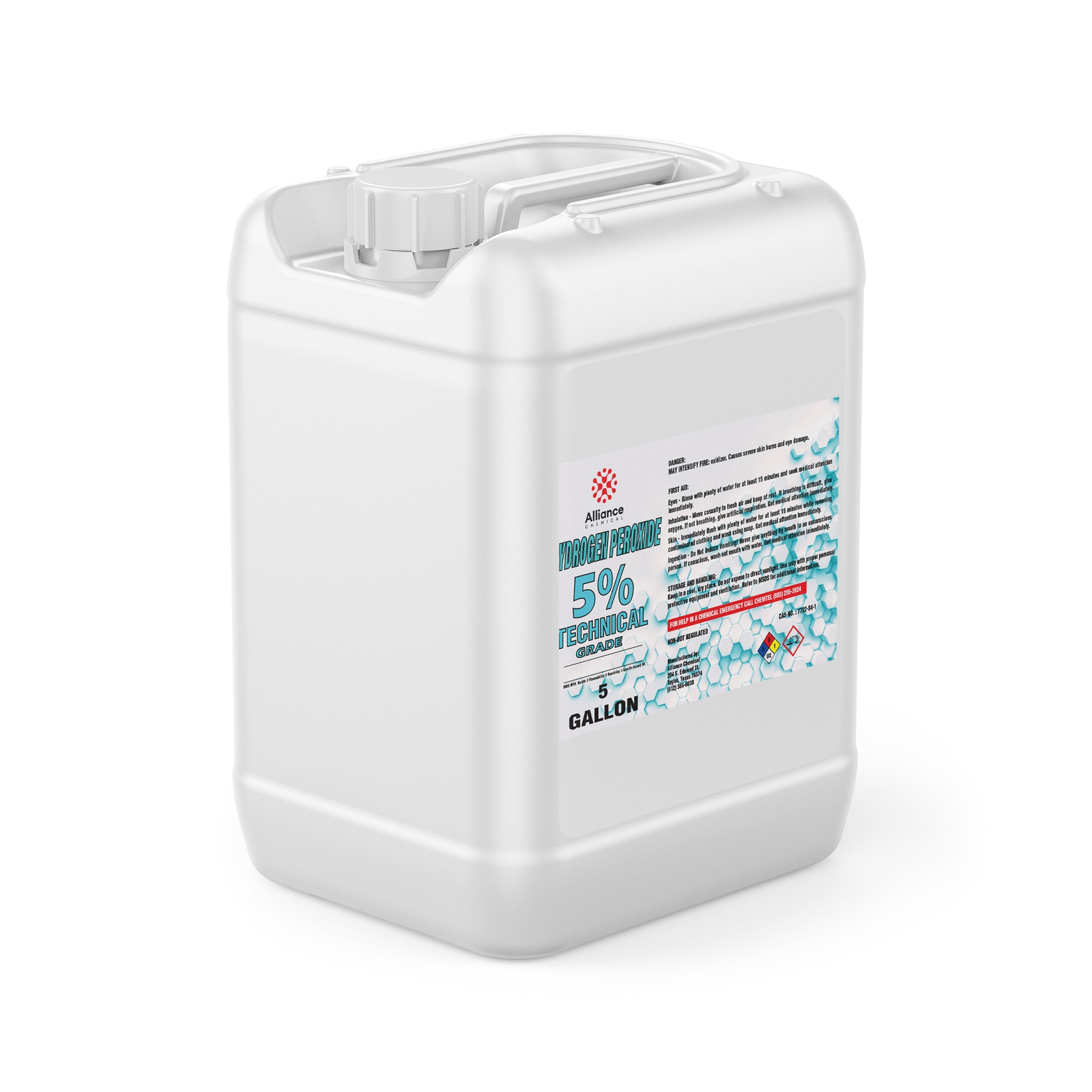 5-gallon white HDPE container of 5% Technical Grade Hydrogen Peroxide with Alliance Chemical branding and NFPA hazard diamond symbols.