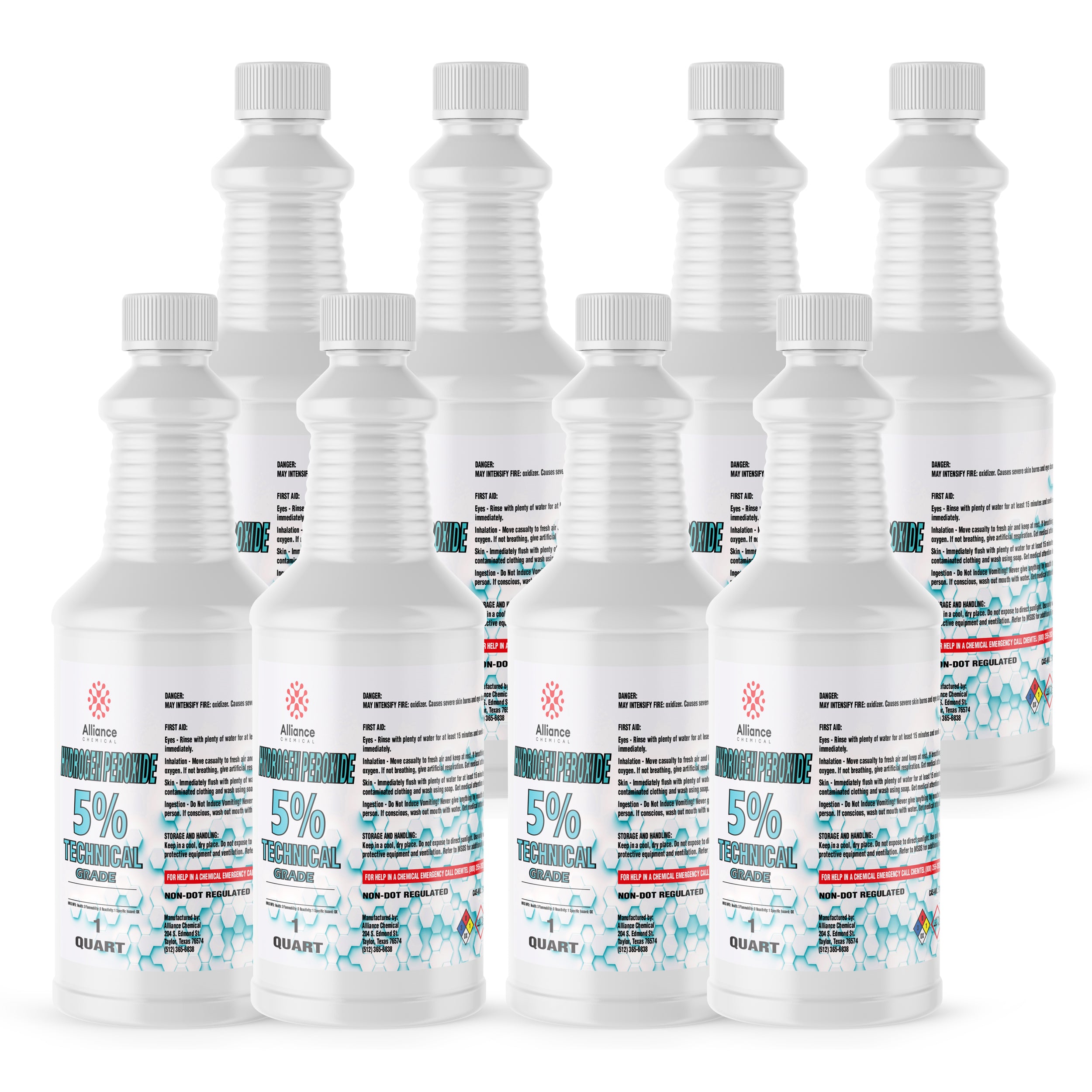 Quart bottles of 5% Technical Grade Hydrogen Peroxide in white HDPE containers with safety caps, hazard symbols, and blue hexagonal design elements. Non-DOT regulated.