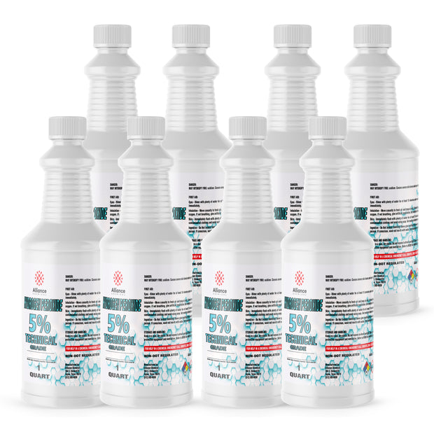 Seven 1-quart plastic bottles of Alliance Chemical Hydrogen Peroxide 5% Technical Grade with white caps and safety labels