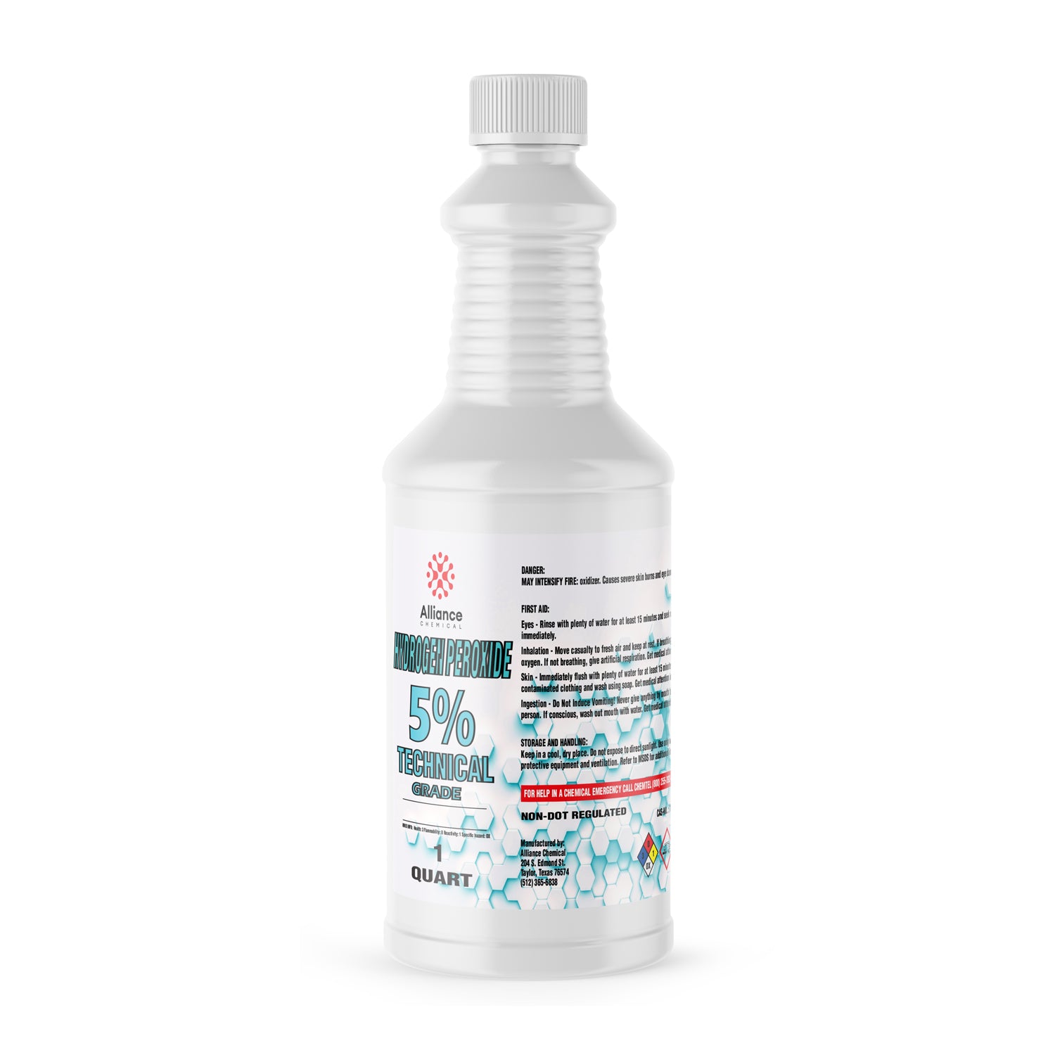 1-quart white HDPE bottle of 5% Technical Grade Hydrogen Peroxide by Alliance Chemical, featuring safety warnings and hexagonal design elements.