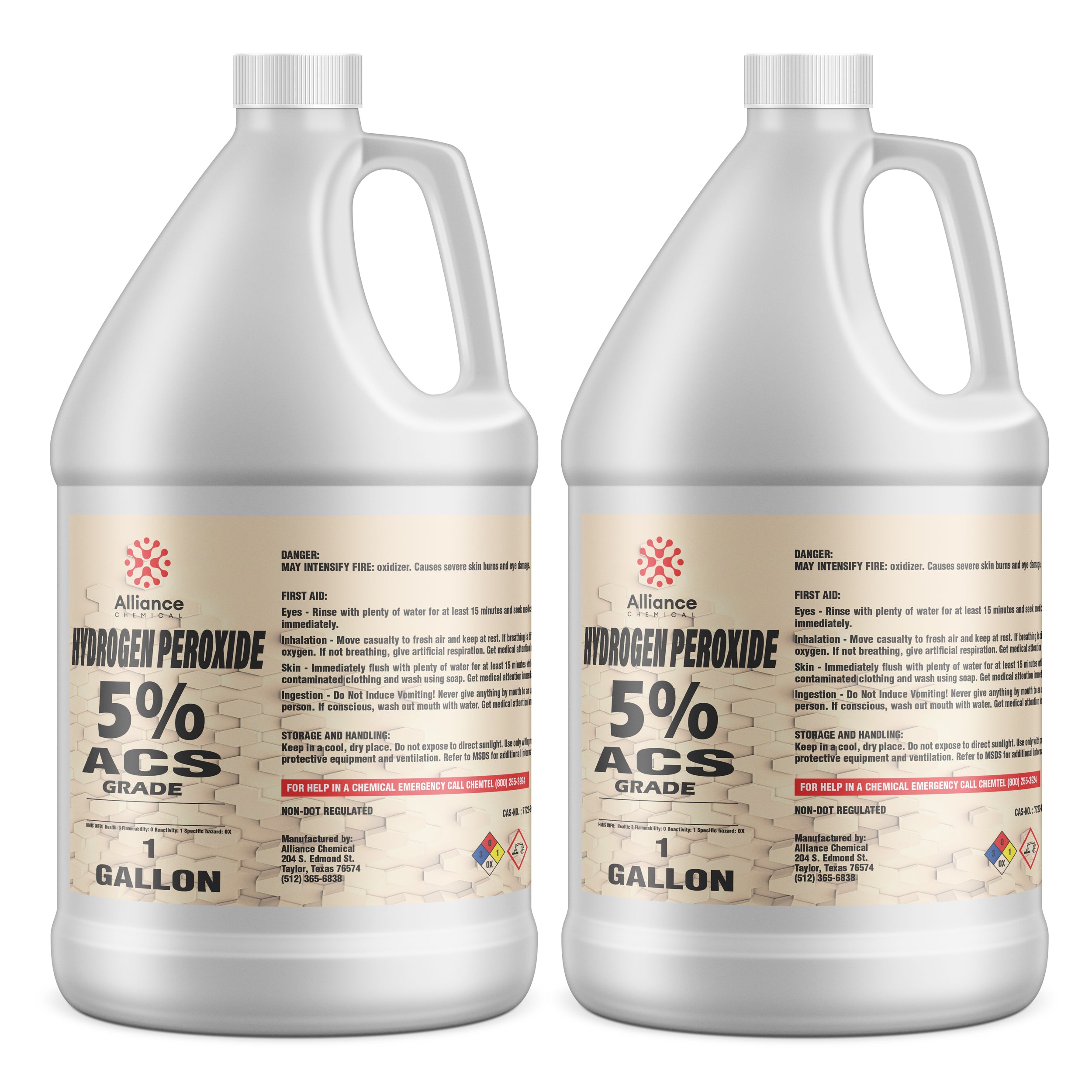 1-gallon HDPE jugs of 5% ACS-grade hydrogen peroxide, featuring hazard warnings, first aid instructions, and chemical safety labeling from Alliance Chemical.