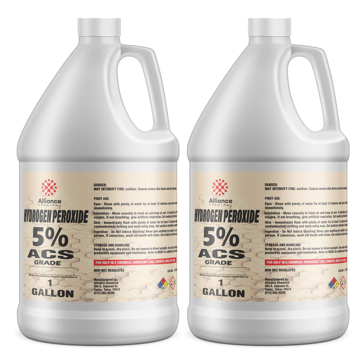 Alliance Chemical 1-gallon HDPE jugs of 5% ACS-grade hydrogen peroxide first aid instructions, and chemical safety labeling