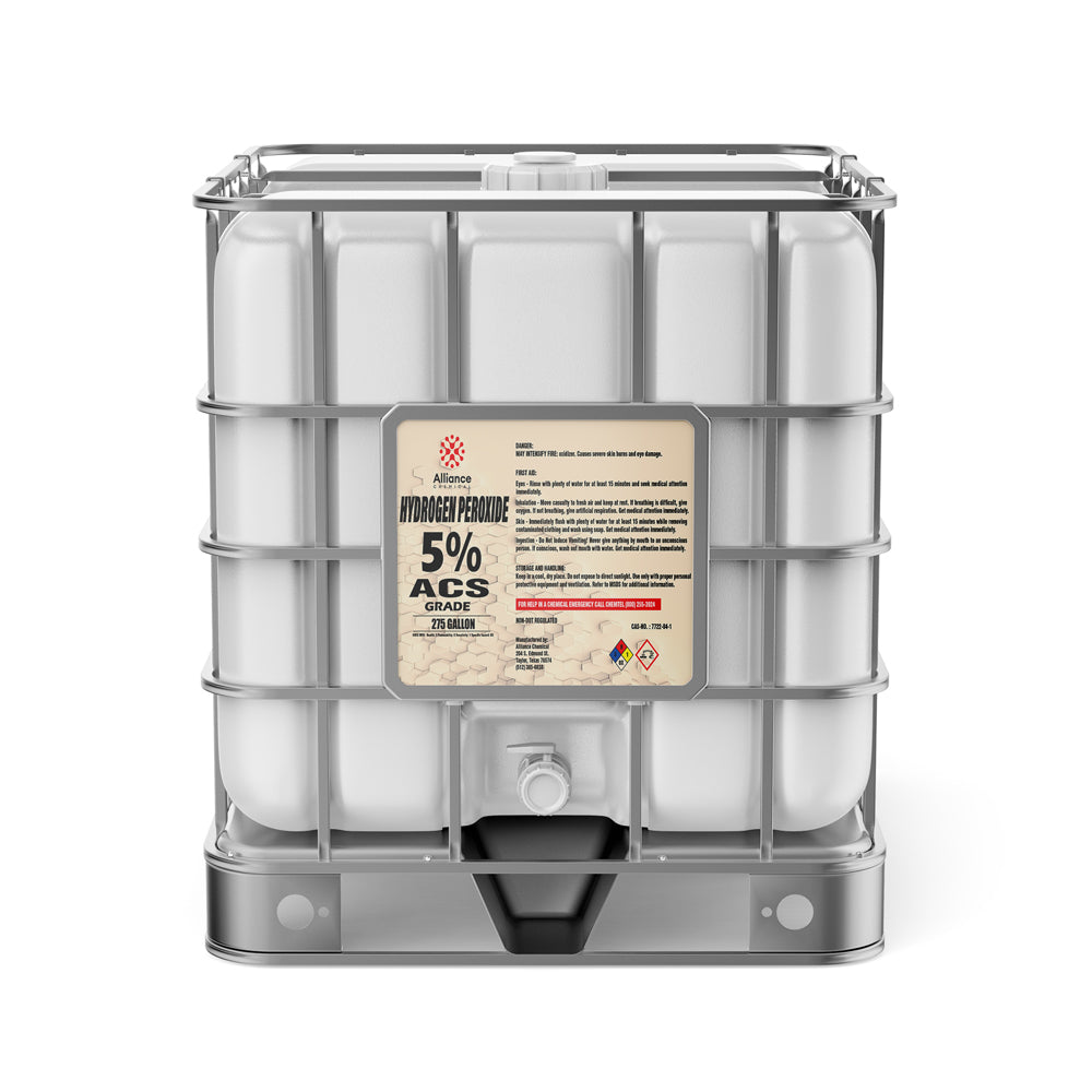 Alliance Chemical 275-gallon plastic tote of Hydrogen Peroxide 5% ACS Grade with a metal cage, spigot, and product label.