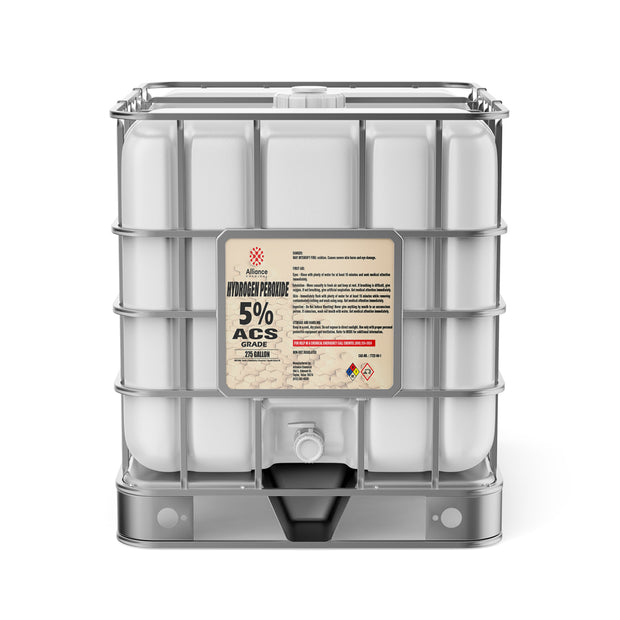 Alliance Chemical 275-gallon plastic tote of Hydrogen Peroxide 5% ACS Grade with a metal cage, spigot, and product label.