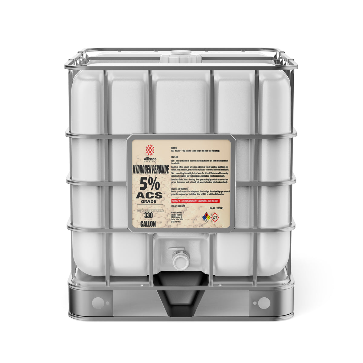 One 330-gallon plastic tote of Alliance Chemical Hydrogen Peroxide 5% ACS Grade with a metal cage and a white cap.
