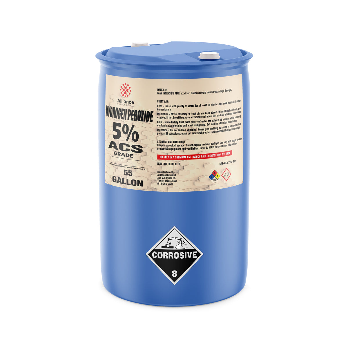 55-gallon HDPE drum of 5% ACS-grade hydrogen peroxide by Alliance Chemical