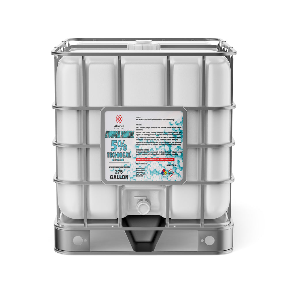 275-gallon IBC tote of 5% Technical Grade Hydrogen Peroxide with NFPA diamond hazard labels, hexagonal molecular graphics, and integrated dispensing valve.