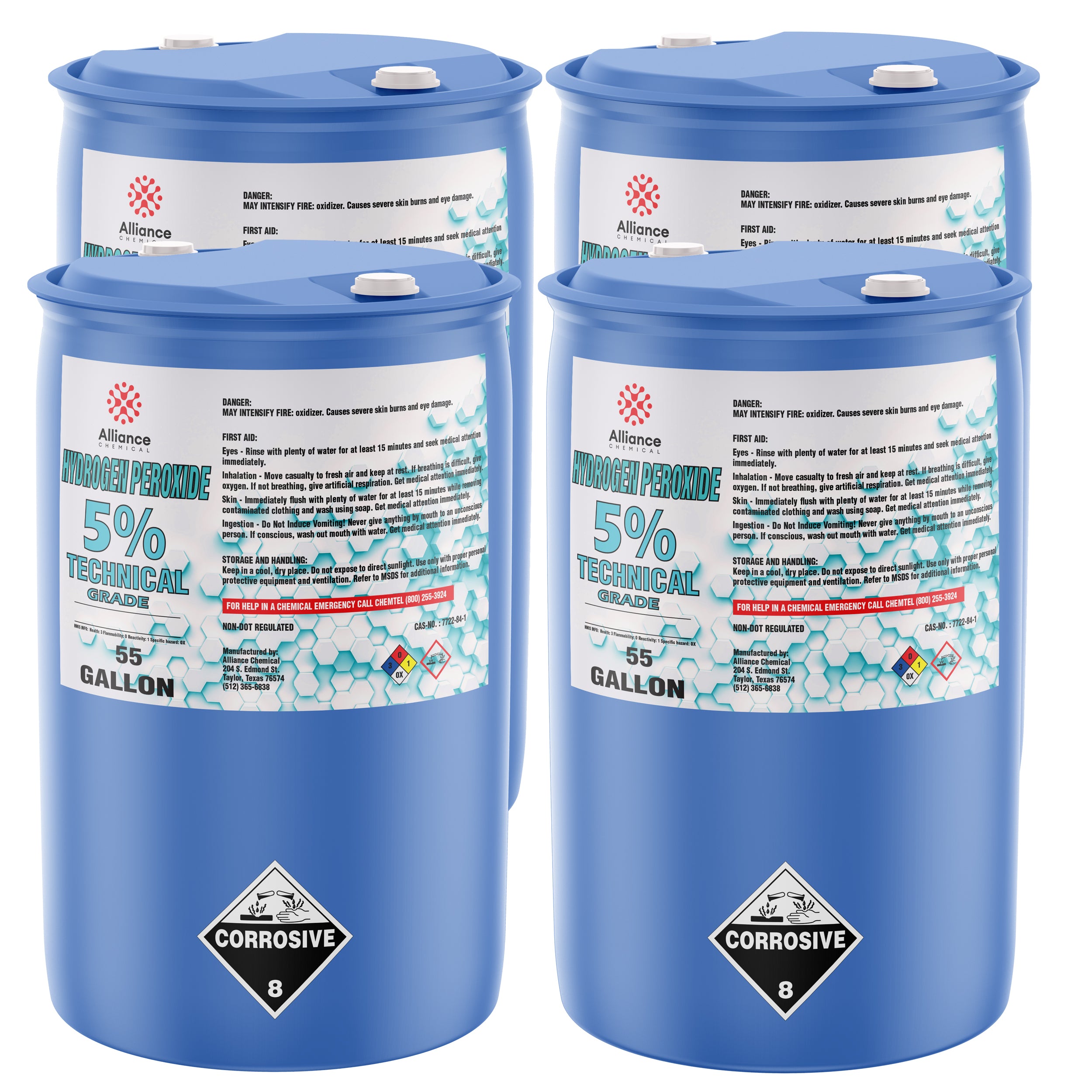 55-gallon blue drums of 5% Technical Grade Hydrogen Peroxide with corrosive warning labels, first aid instructions, and Alliance Chemical branding.
