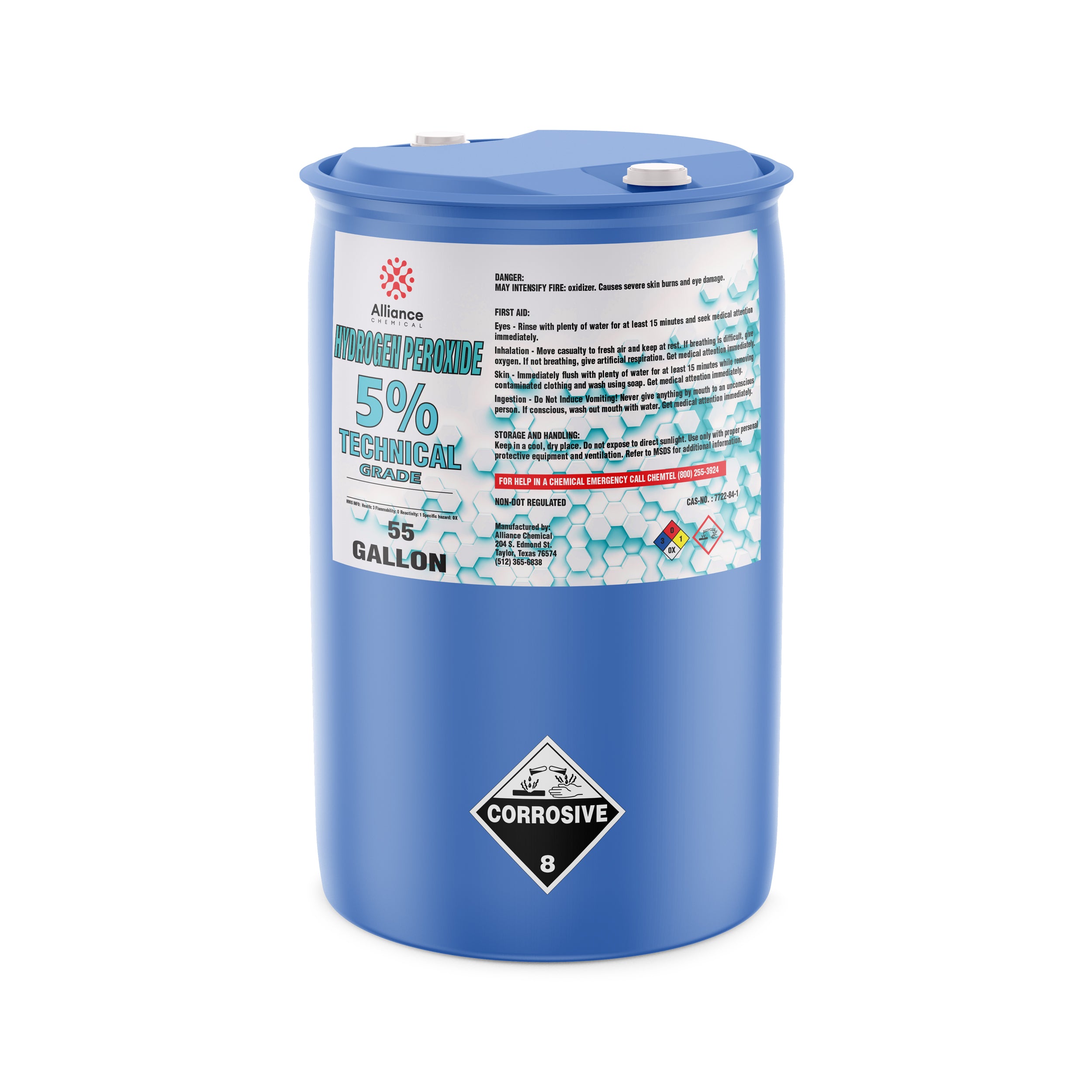 55-gallon blue drum of 5% Technical Grade Hydrogen Peroxide by Alliance Chemical, featuring corrosive warning symbol, safety instructions, and NFPA diamond label.