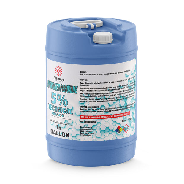 15-gallon HDPE carboy of 5% Technical Grade Hydrogen Peroxide by Alliance Chemical NFPA diamond, and hexagonal design