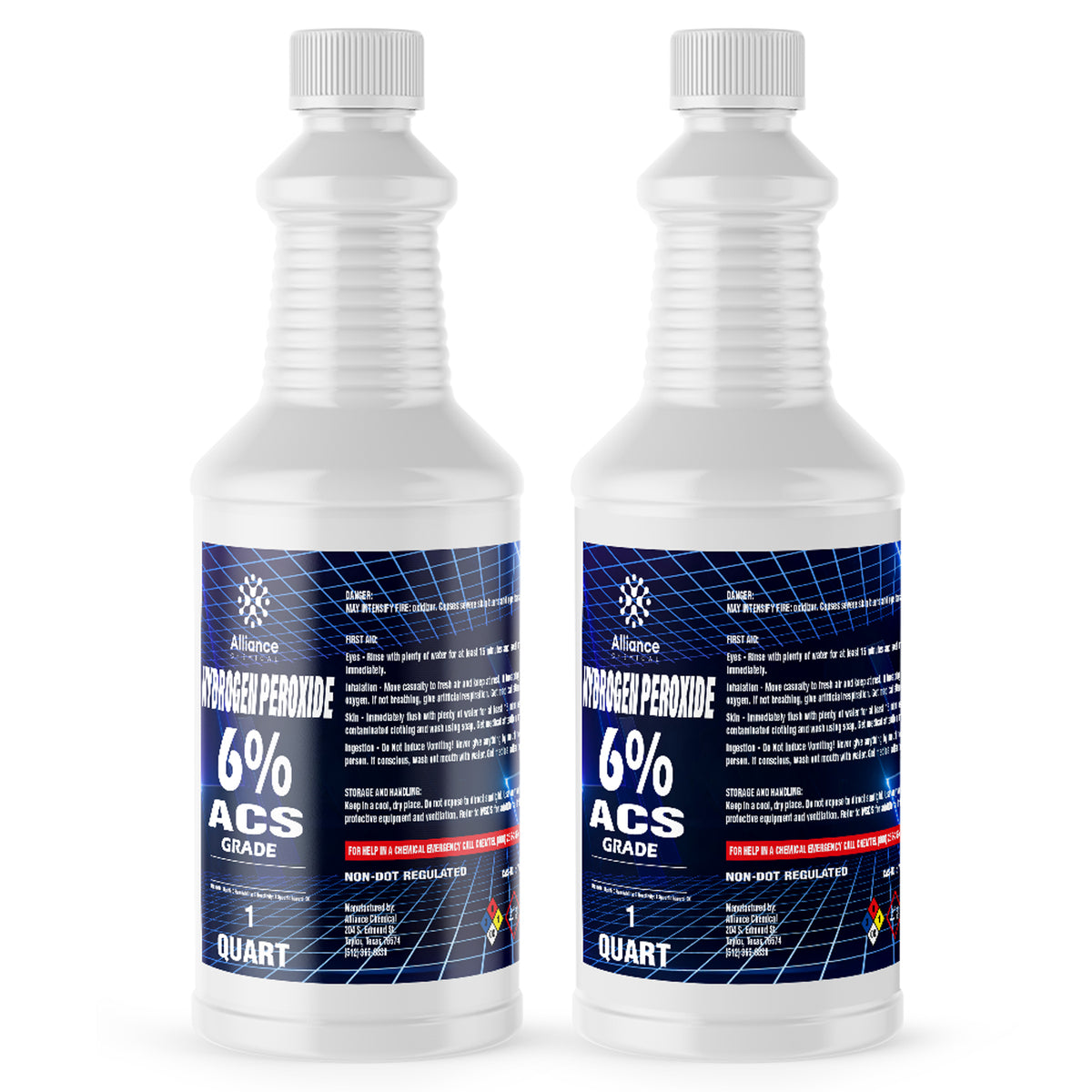 Two 1-quart plastic bottles of Alliance Chemical Hydrogen Peroxide 6% ACS Grade with white caps and product labels.