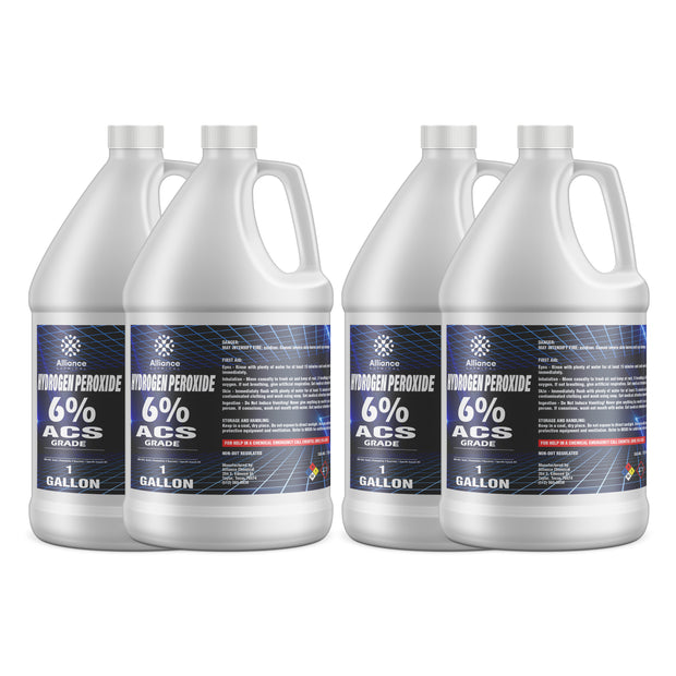 Alliance Chemical 4x1-gallon Alliance Hydrogen Peroxide 6% ACS Grade in HDPE containers blue labeling, and safety-sealed caps