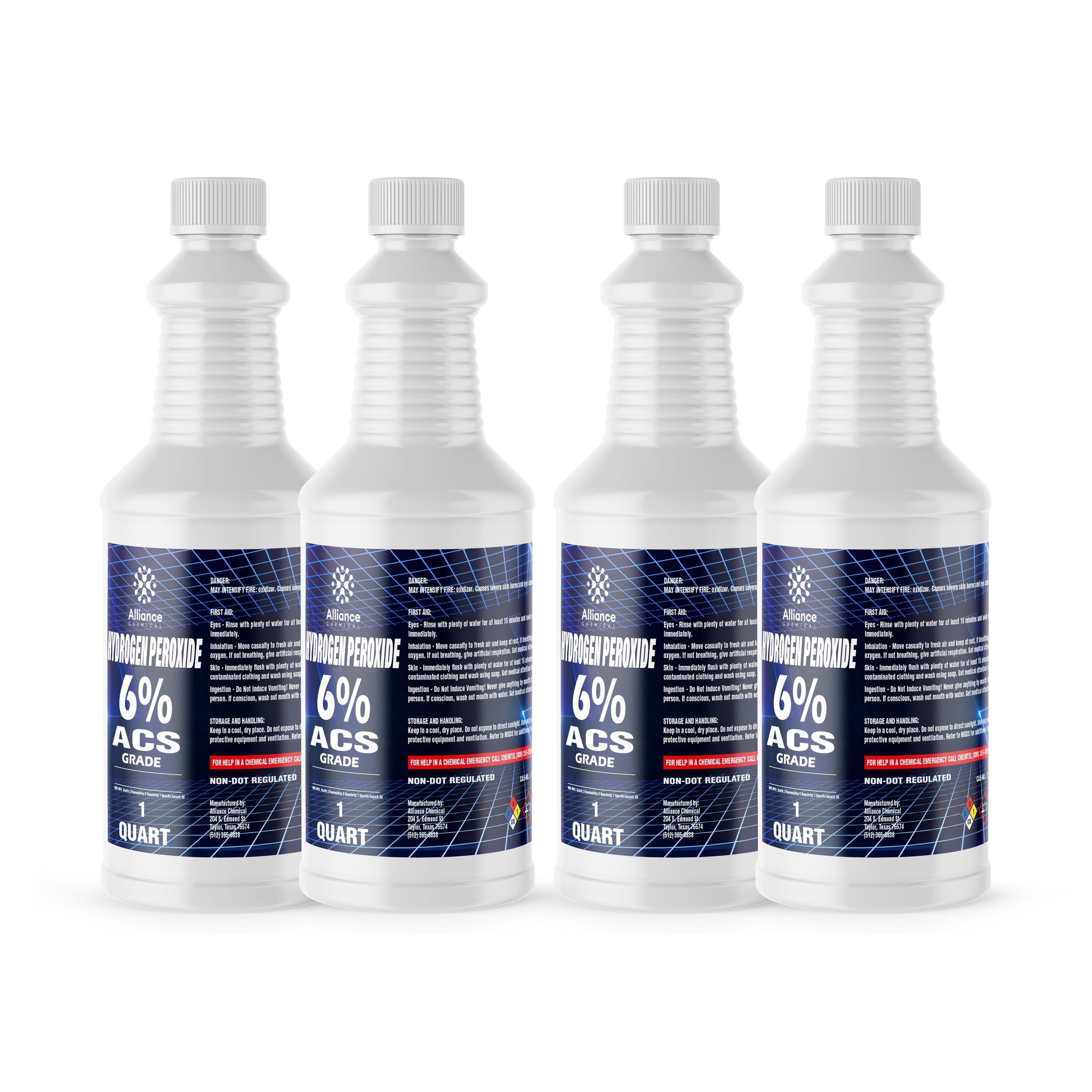 4-Quart pack of 6% ACS-grade Hydrogen Peroxide in white HDPE bottles with blue labels, non-DOT regulated chemical, Alliance brand.
