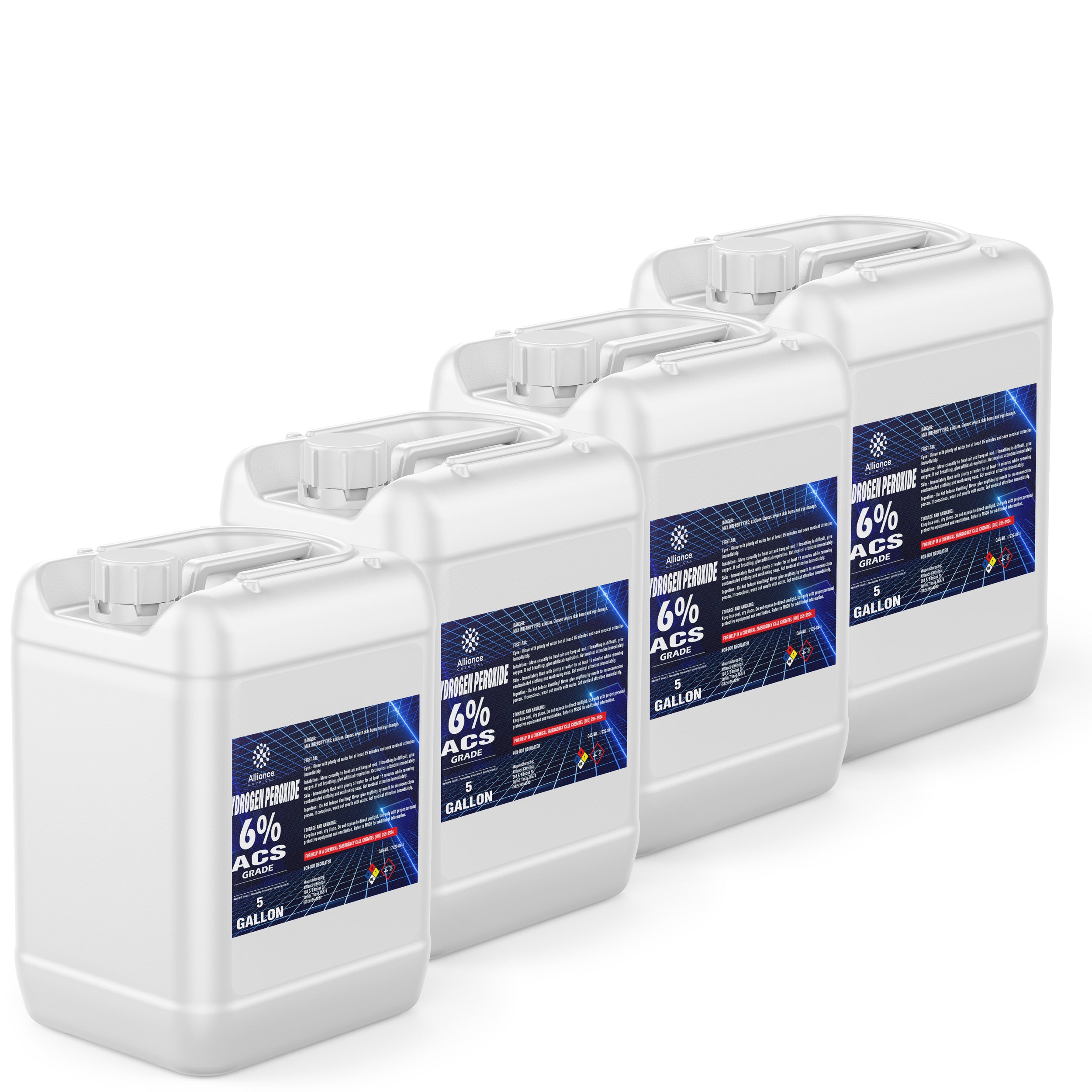 4x5-gallon HDPE containers of 6% ACS-grade hydrogen peroxide in white jugs with blue technical labels and NFPA diamond hazard symbols.