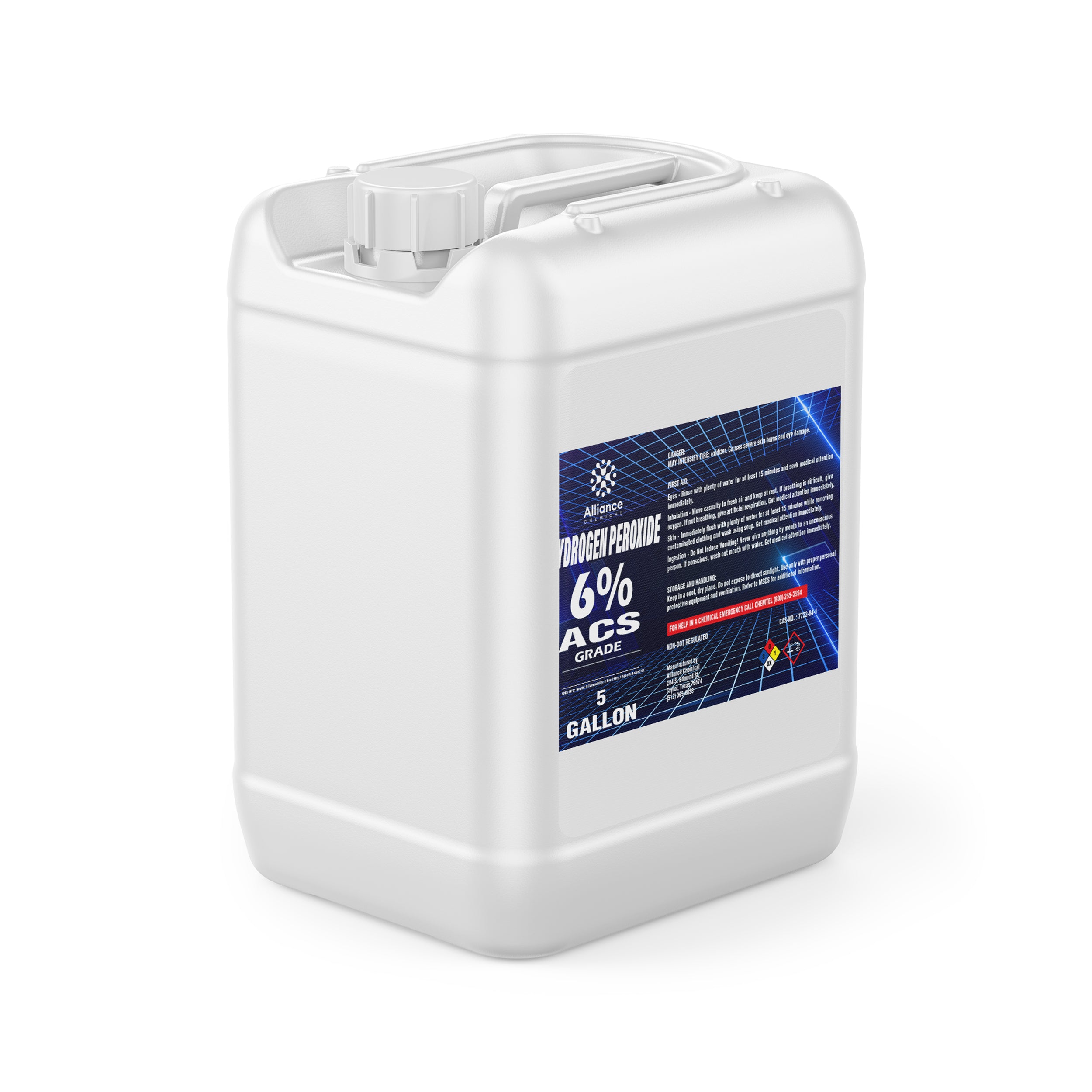 5-gallon white HDPE container of 6% ACS-grade hydrogen peroxide with blue label, industrial chemical warning symbols, and secure screw cap.