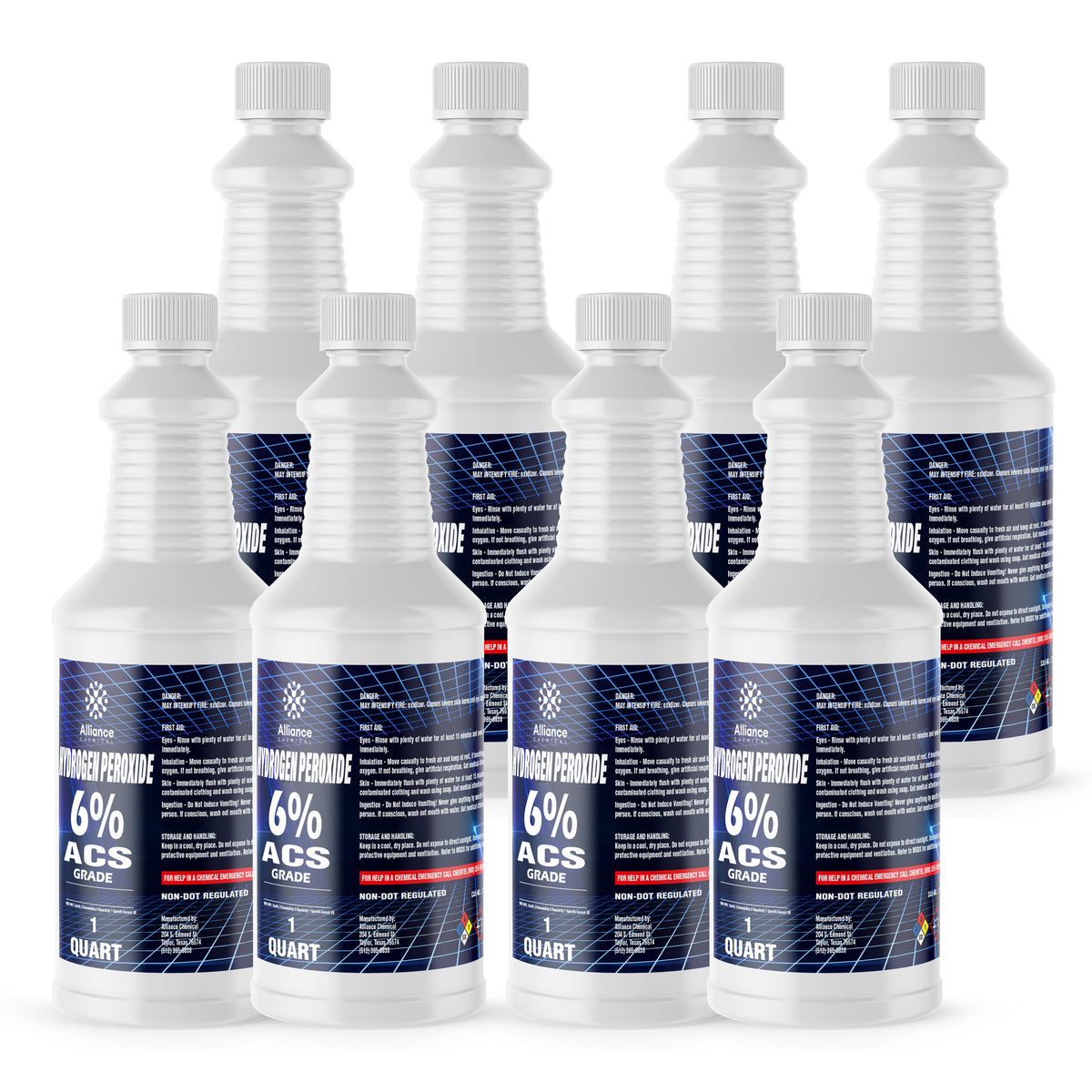 1-quart bottles of 6% ACS-grade Hydrogen Peroxide in clear HDPE containers with blue labels, Non-DOT regulated, Alliance