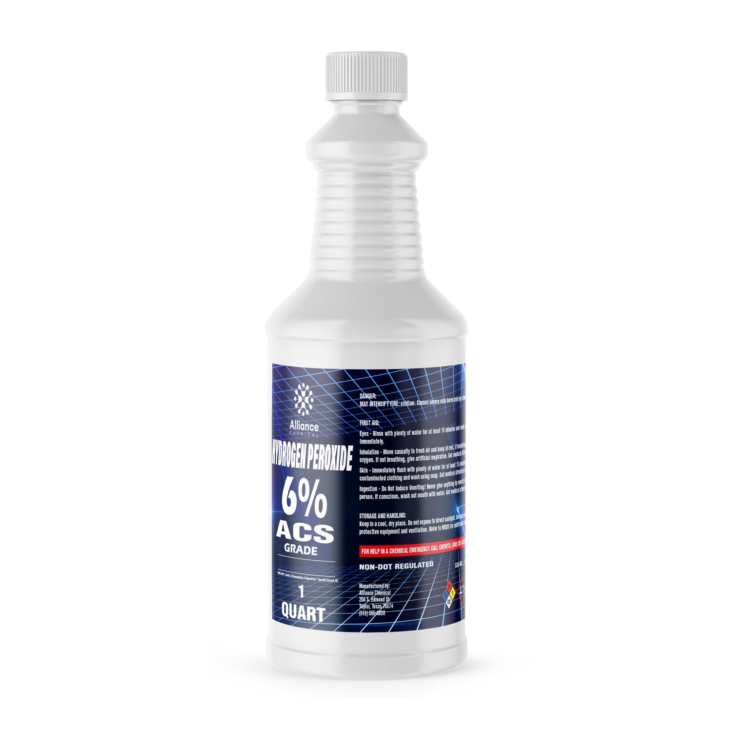 1-quart hydrogen peroxide 6% ACS grade in white HDPE bottle with ribbed grip, blue label, chemical warning symbols, and safety information.