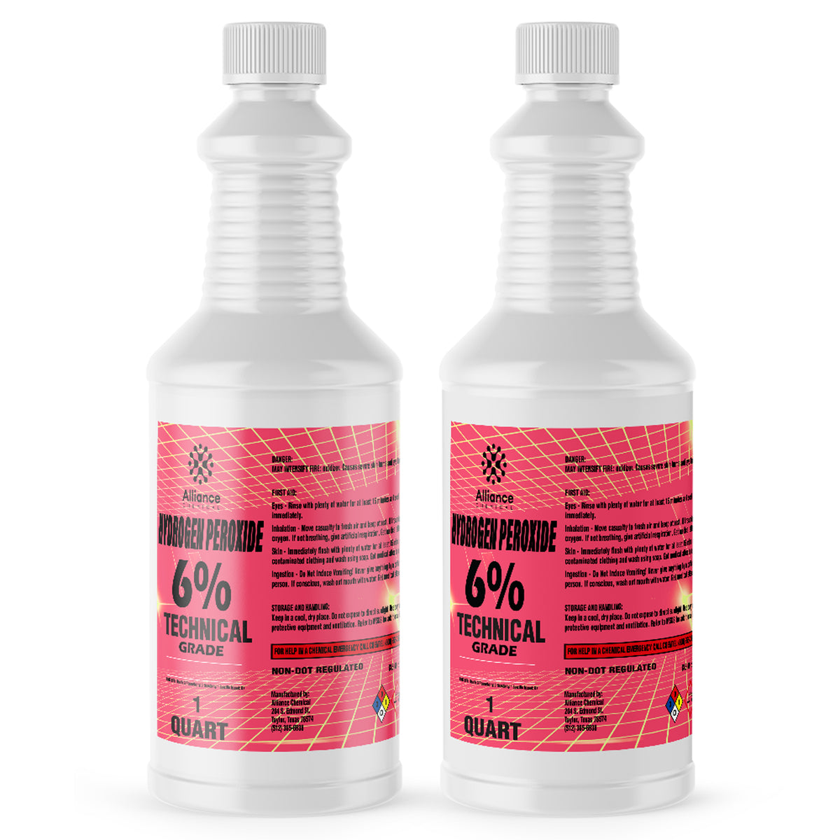 1-quart bottles of Alliance Chemical 6% Technical Grade Hydrogen Peroxide in HDPE containers NFPA diamond warning symbols