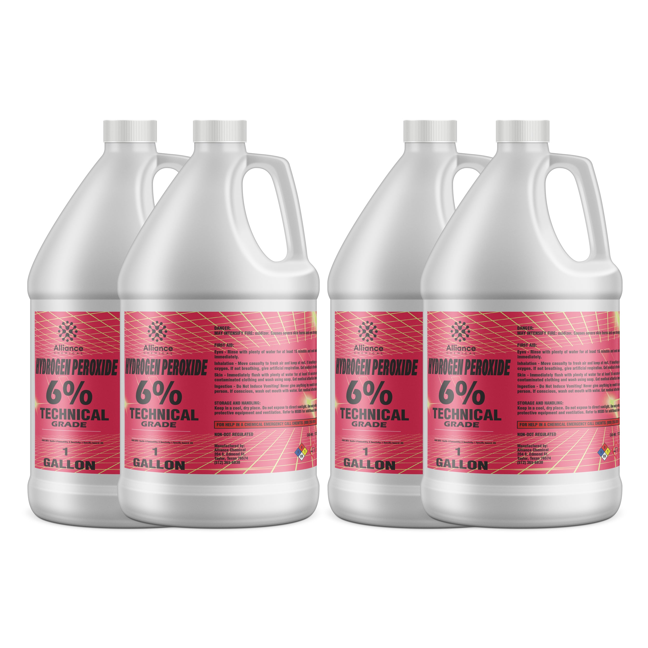 4x1-gallon Alliance Hydrogen Peroxide 6% Technical Grade in white HDPE jugs with red labels, NFPA diamond hazard symbol, industrial-chemical packaging.