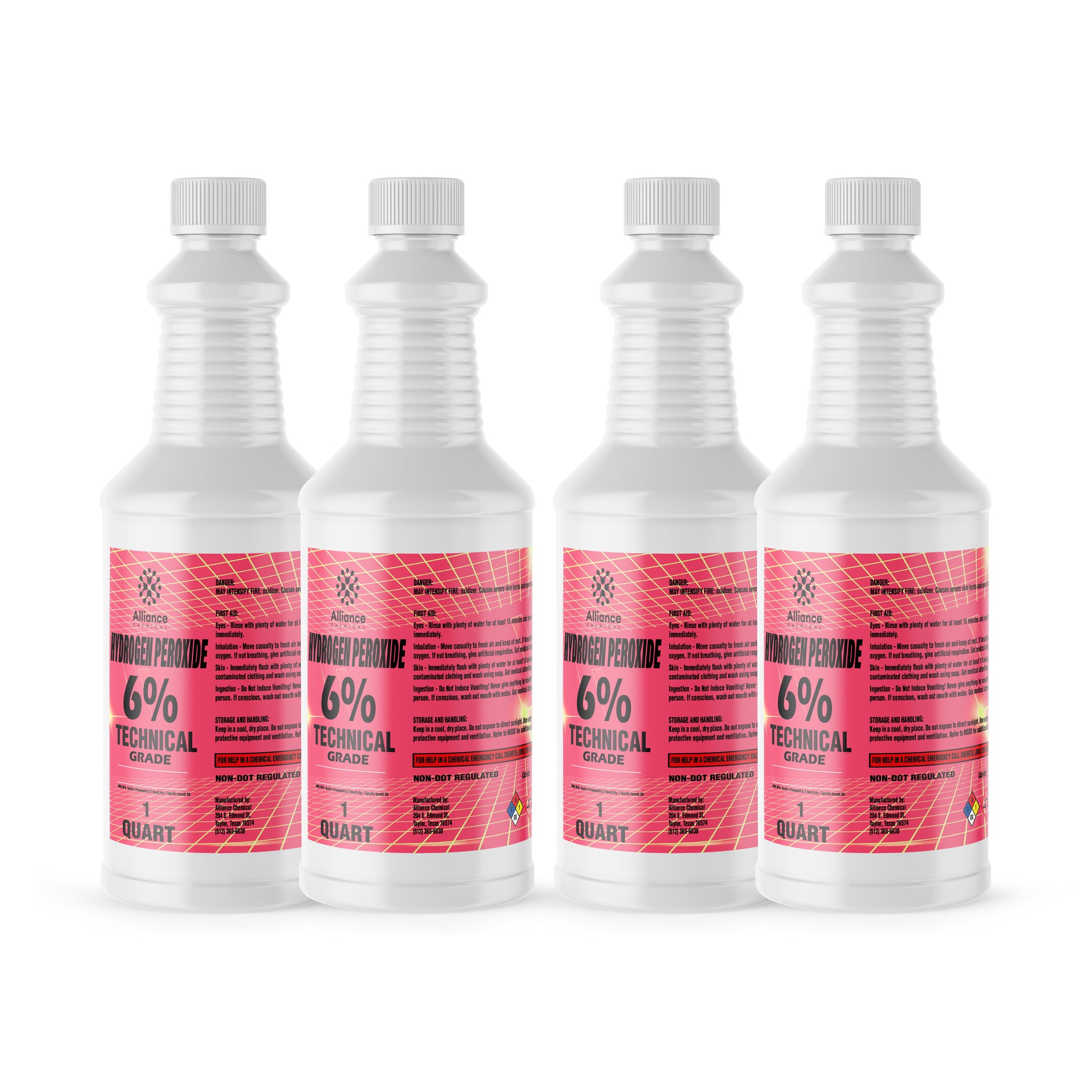 4x1 quart containers of 6% Technical Grade Hydrogen Peroxide in white HDPE bottles with pink labels, non-NSF regulated, HAZMAT warning symbols.