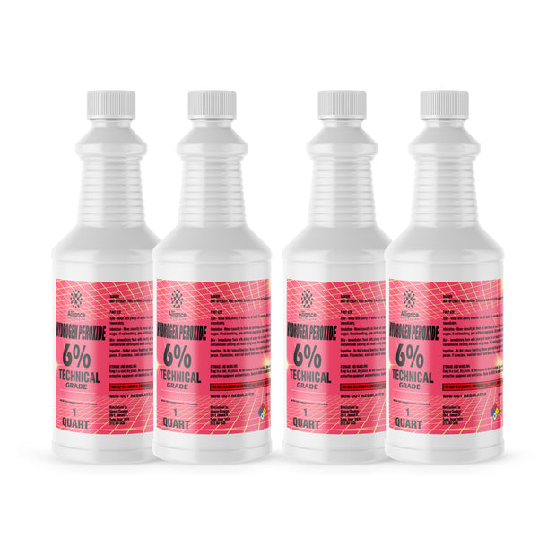Four 1-quart plastic bottles of Alliance Chemical Hydrogen Peroxide 6% Technical Grade with white caps and product labels.