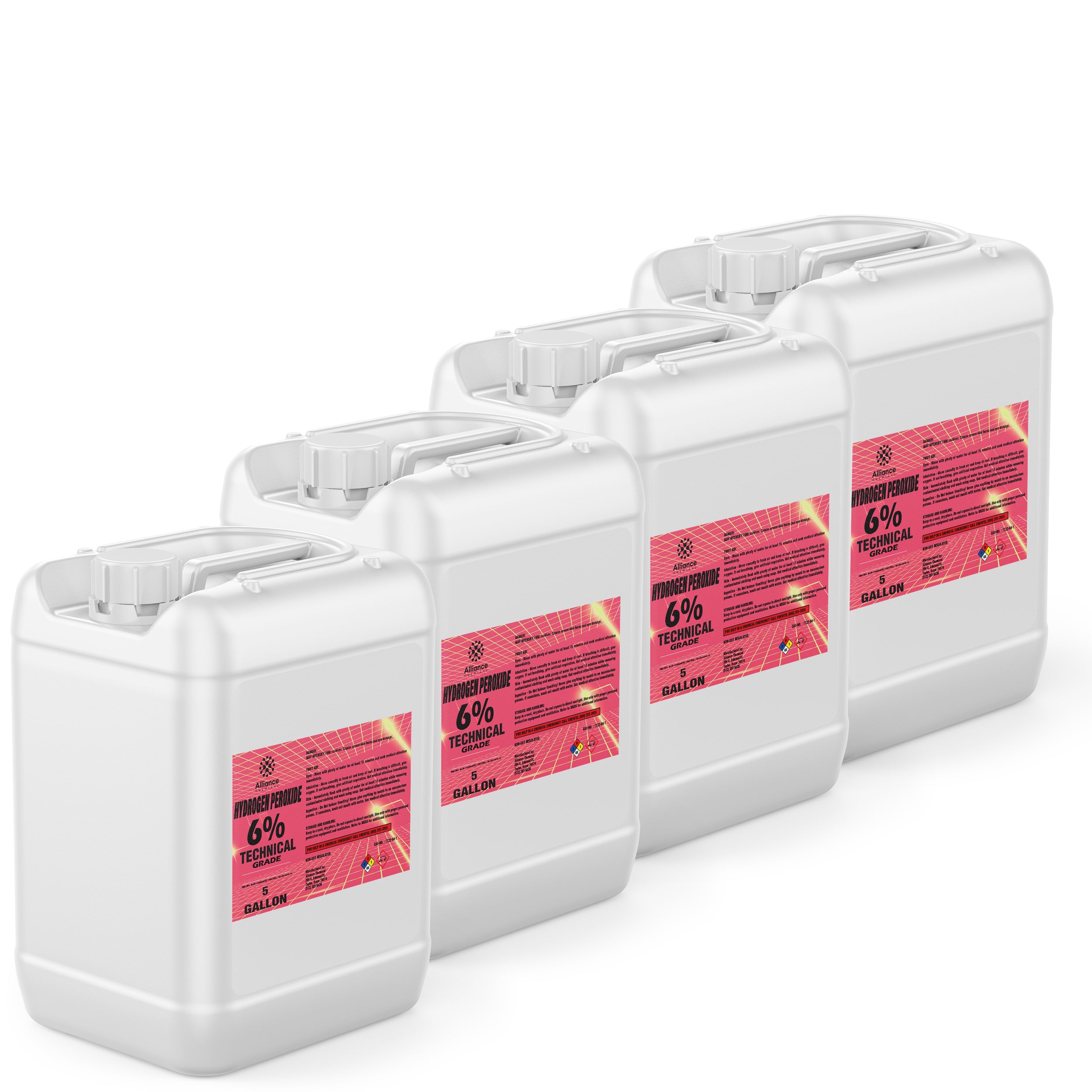 4x5-gallon white HDPE containers of 6% Technical Grade Hydrogen Peroxide, labeled with pink warning labels, chemical hazard symbols, and threaded caps.
