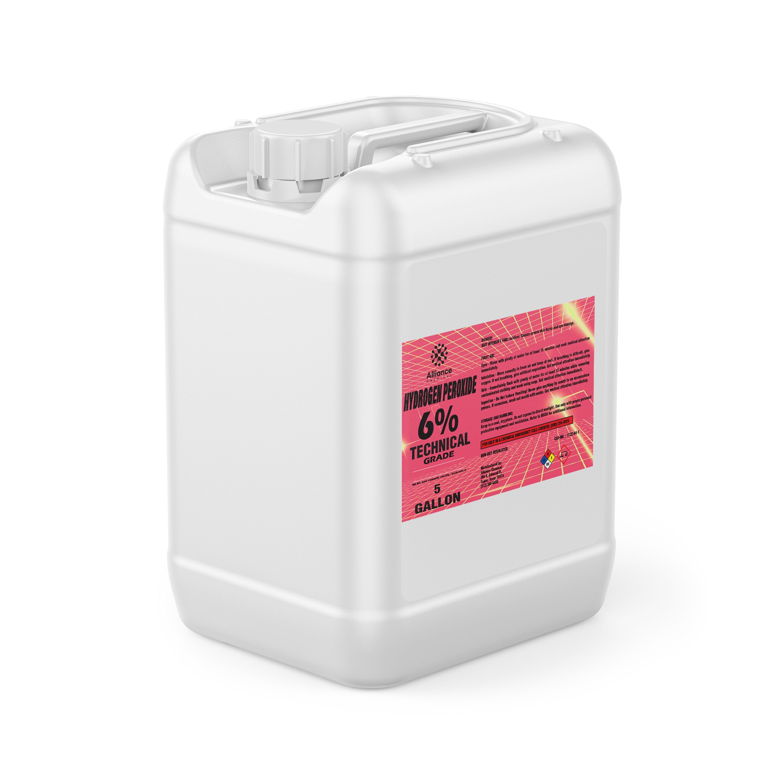 5-gallon white HDPE container of Alliance Chemical 6% Technical Grade Hydrogen Peroxide with pink safety label and secure screw-top closure.