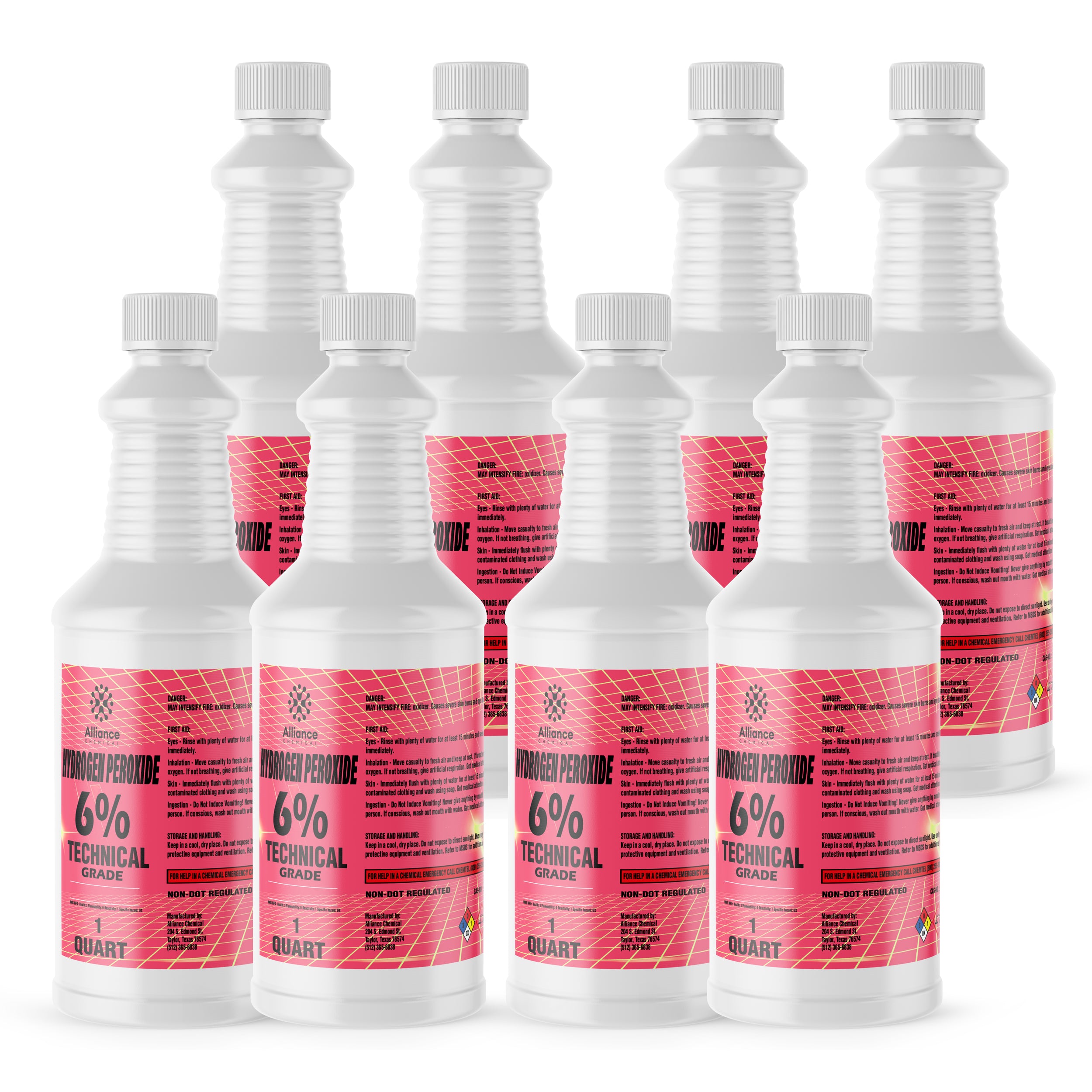 Quart bottles of 6% Technical Grade Hydrogen Peroxide in white HDPE containers with pink labels, non-dot regulated, Alliance Chemical brand.