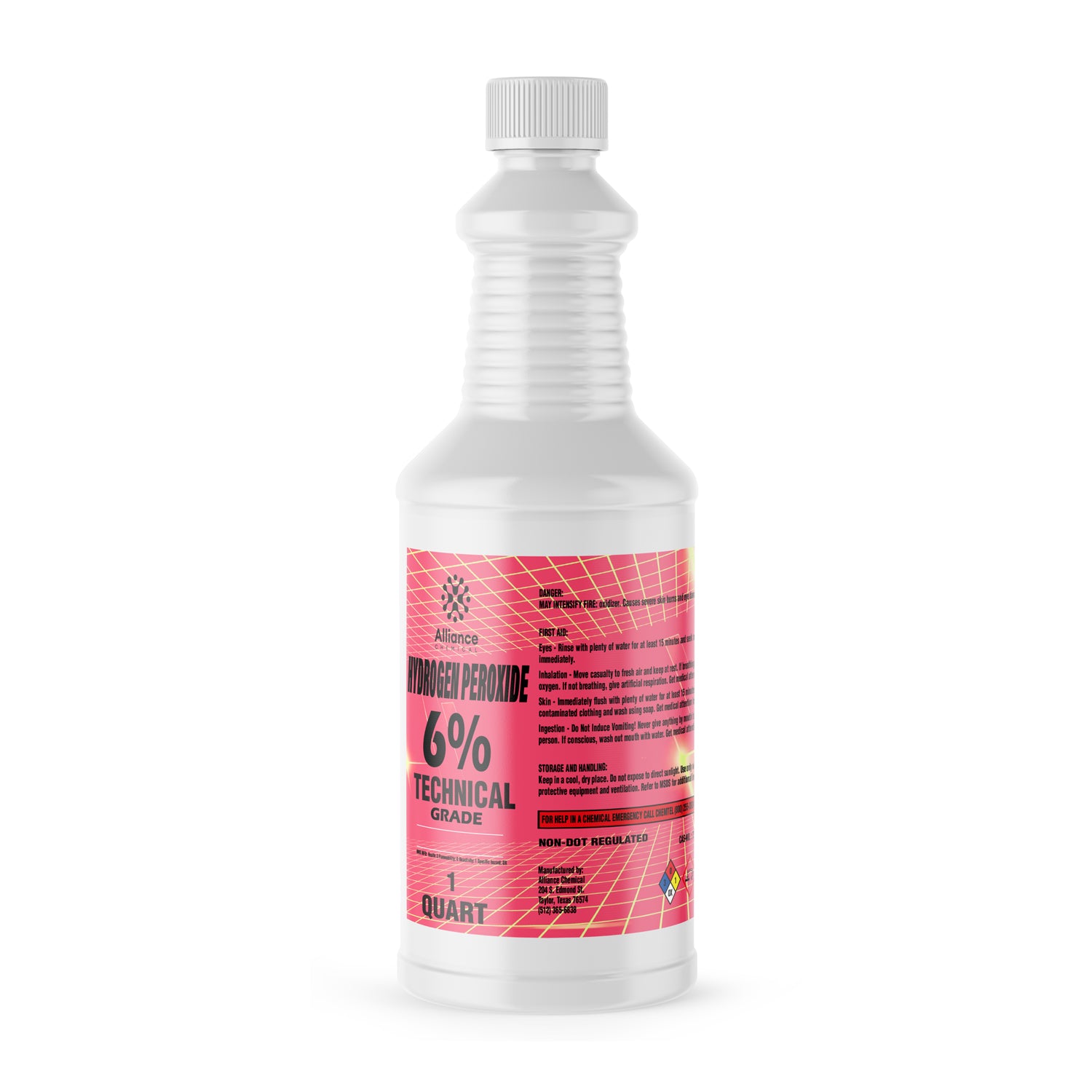 1-quart white HDPE bottle of 6% Technical Grade Hydrogen Peroxide with pink safety label, hazard warnings, and ribbed screw cap.