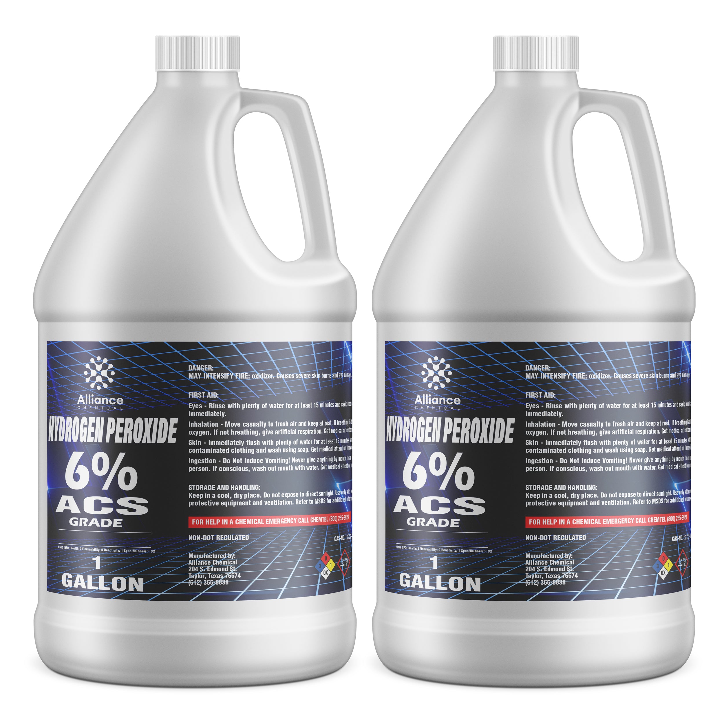 1-gallon bottles of Alliance Chemical 6% ACS-grade Hydrogen Peroxide in white HDPE containers with safety warnings and NFPA hazard diamond.
