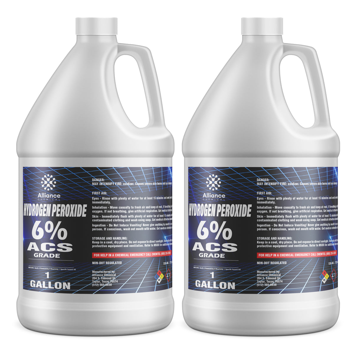 1-gallon bottles of Alliance Chemical 6% ACS-grade Hydrogen Peroxide in HDPE containers