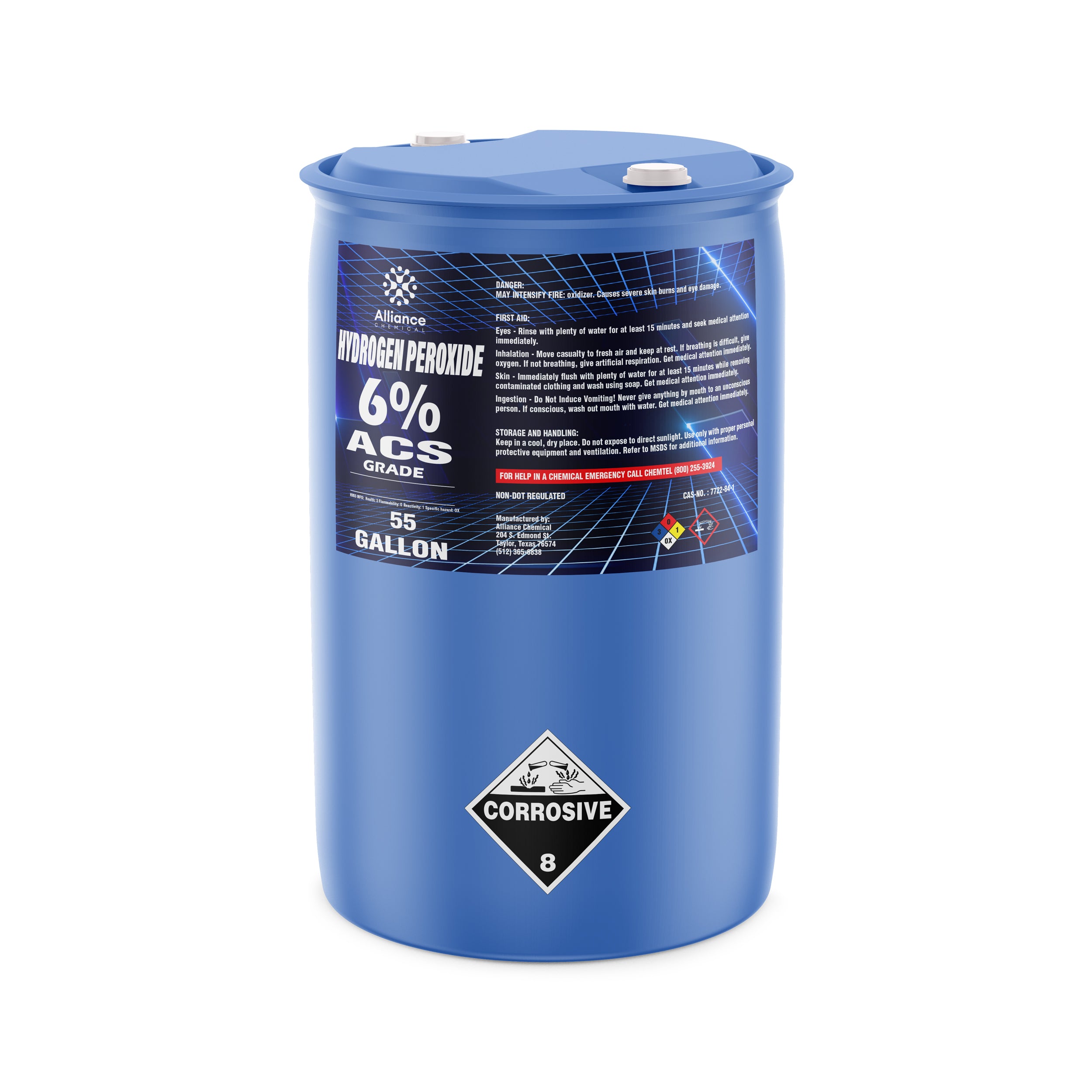 55-gallon blue HDPE drum of 6% ACS-grade hydrogen peroxide with corrosive warning label, Alliance Chemical brand, double-bung lid configuration.