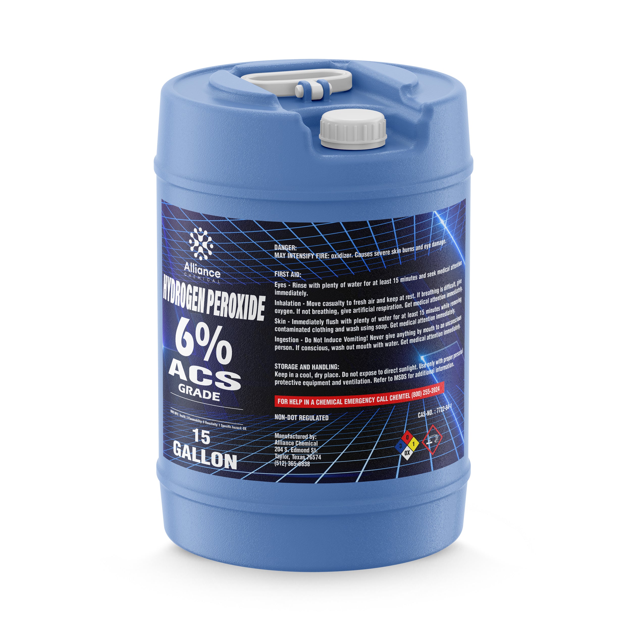 15-gallon blue polyethylene carboy of 6% ACS-grade hydrogen peroxide with NFPA diamond hazard symbols, first aid instructions, and secure cap system.