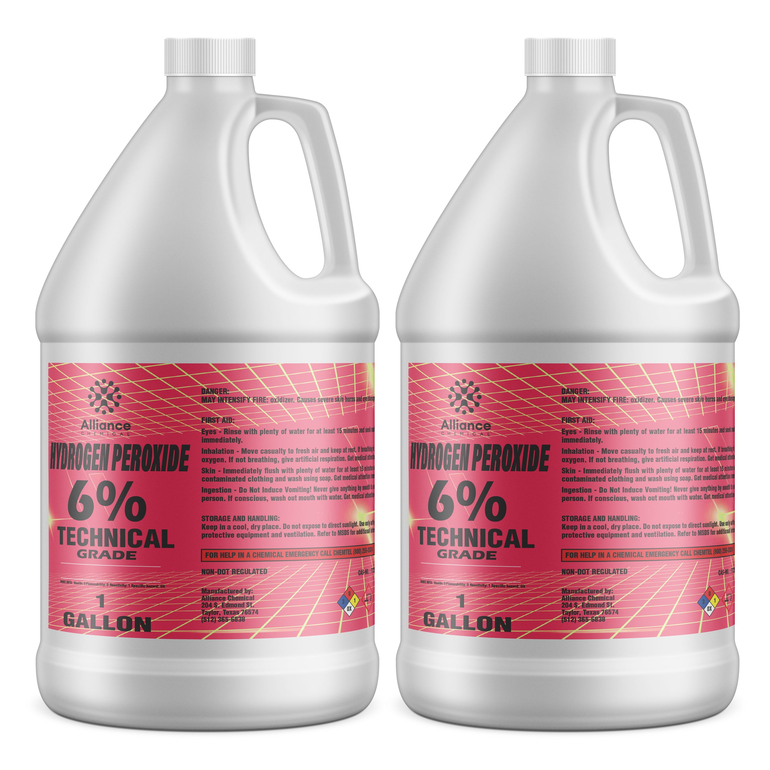 1-gallon jugs (2-pack) of Alliance 6% Technical Grade Hydrogen Peroxide in white HDPE containers with pink warning labels and safety information.