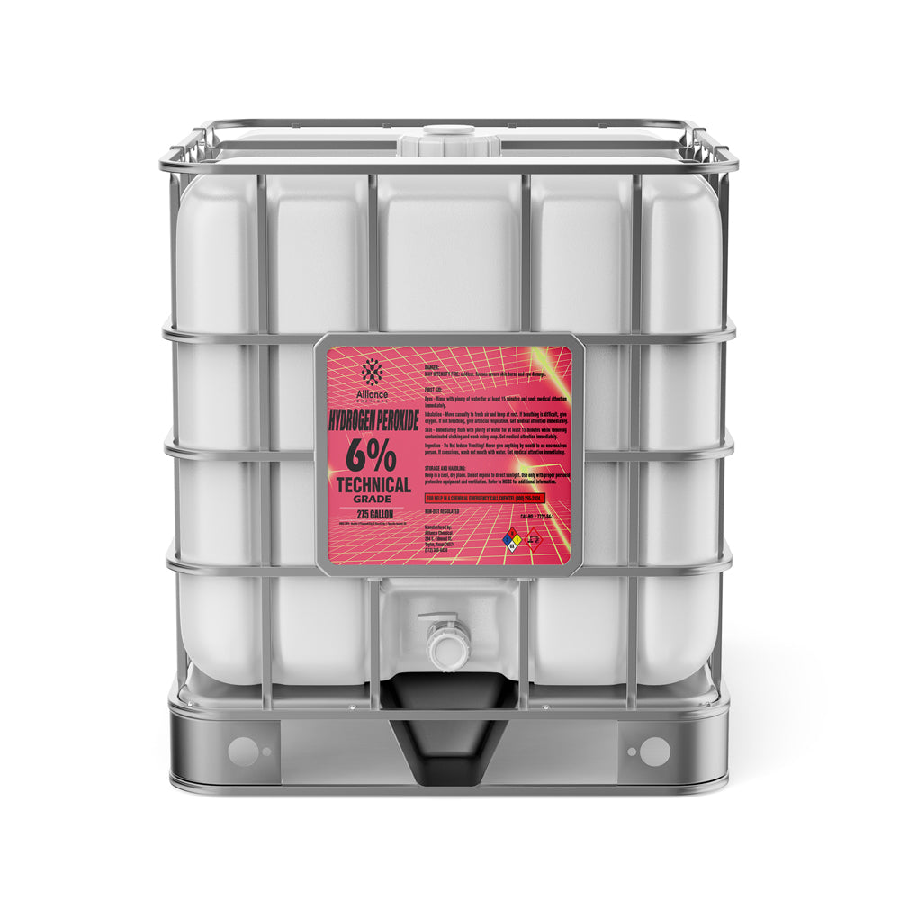 275-gallon IBC tote of 6% technical-grade hydrogen peroxide in white HDPE container with metal cage, NFPA safety label, and bottom discharge valve.