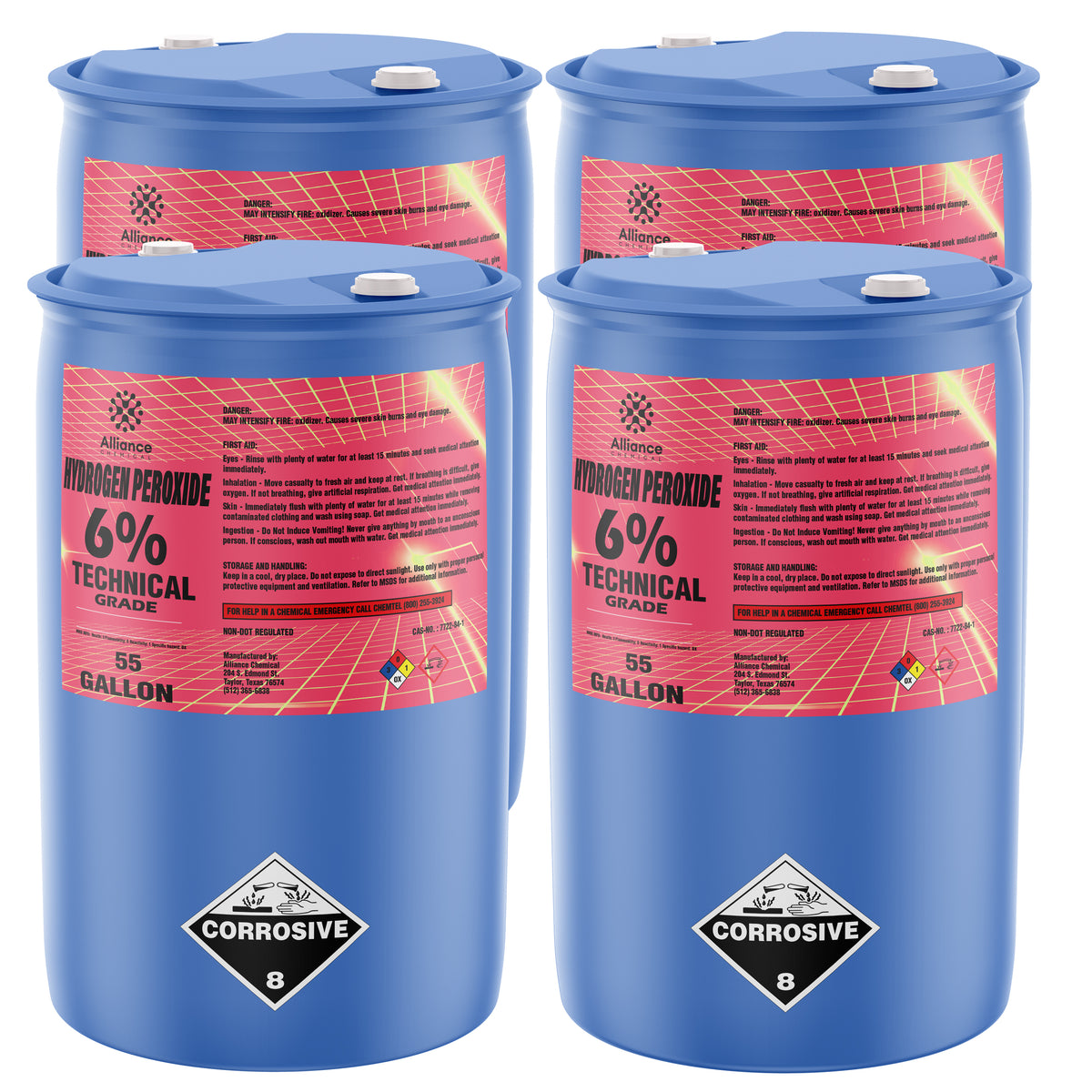 55-gallon drums of 6% Technical Grade Hydrogen Peroxide in HDPE containers safety information, and Alliance Chemical branding