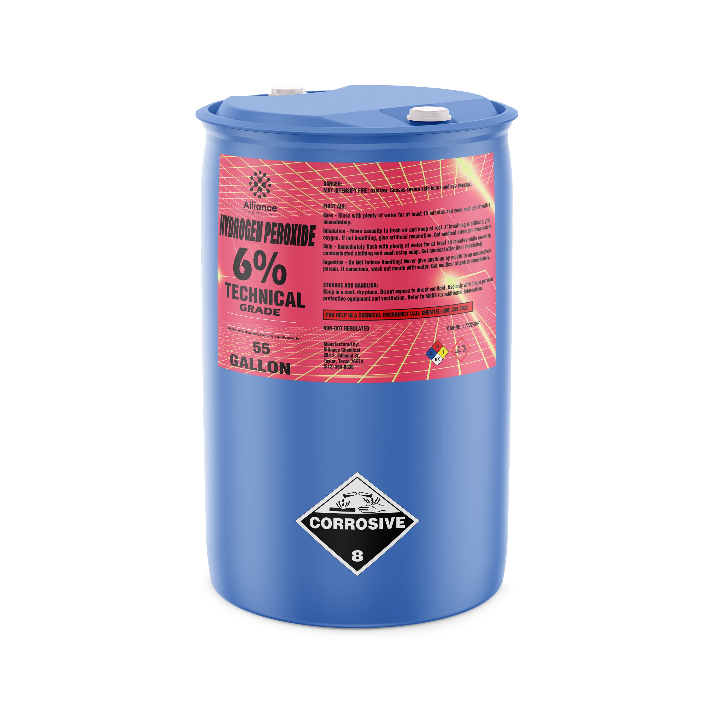 55-gallon blue HDPE drum of 6% Technical Grade Hydrogen Peroxide with corrosive warning symbol, pink Alliance Chemical label, and dual-port lid.
