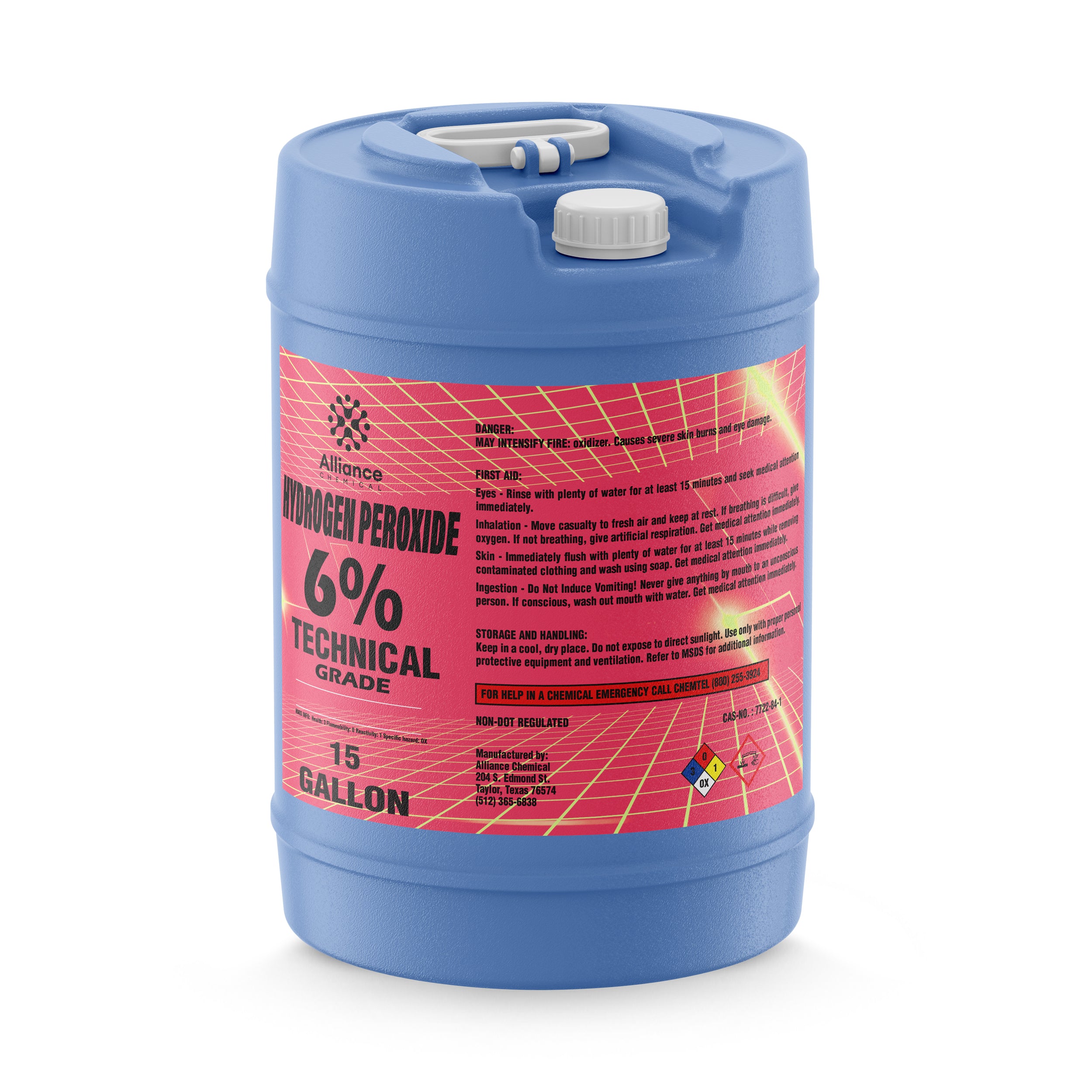 15-gallon blue HDPE carboy of 6% Technical Grade Hydrogen Peroxide with pink safety label, hazmat symbols, and dual-handle design.
