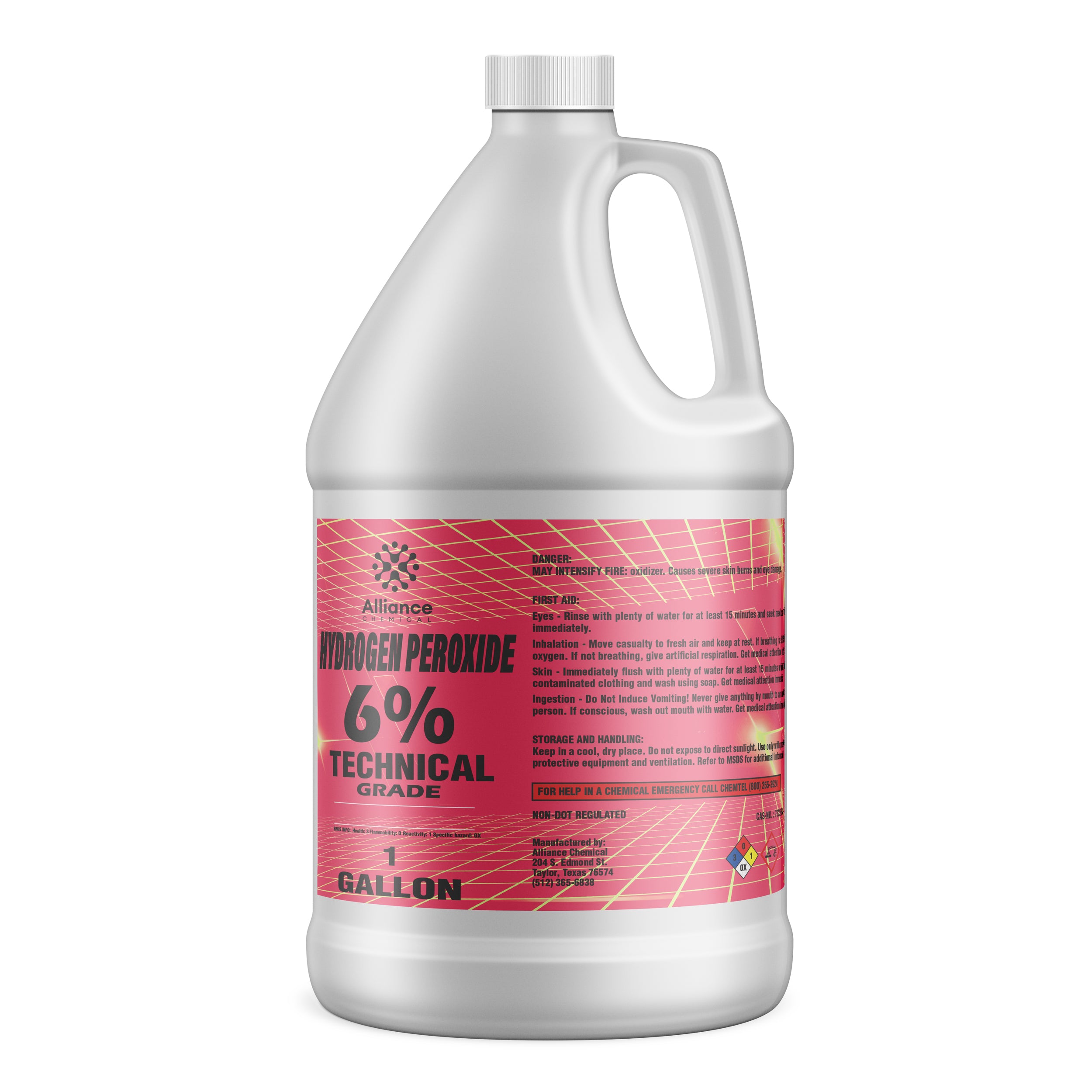 One-gallon white HDPE jug of Alliance Chemical 6% Technical Grade Hydrogen Peroxide with pink safety label, hazard diamonds, and childproof cap.