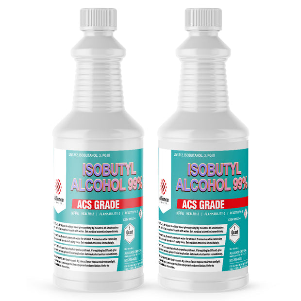 Two 1-quart HDPE bottles of Alliance Chemical Isobutyl Alcohol 99% ACS Grade with white caps and product labels.