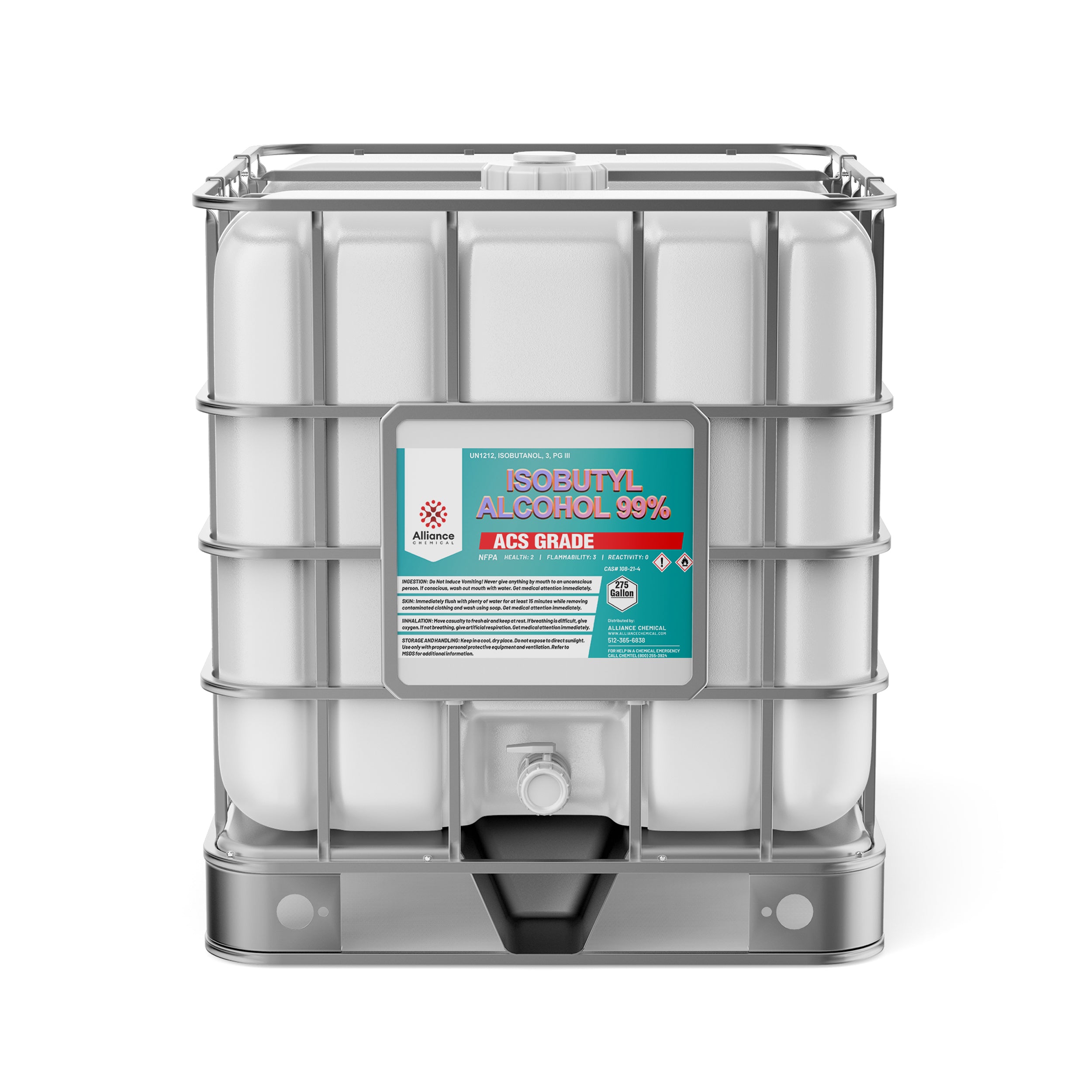 275-gallon IBC tote of Isobutyl Alcohol 99% ACS Grade, white tank with metal cage frame, hazard warning label, Alliance Chemical industrial bulk container.