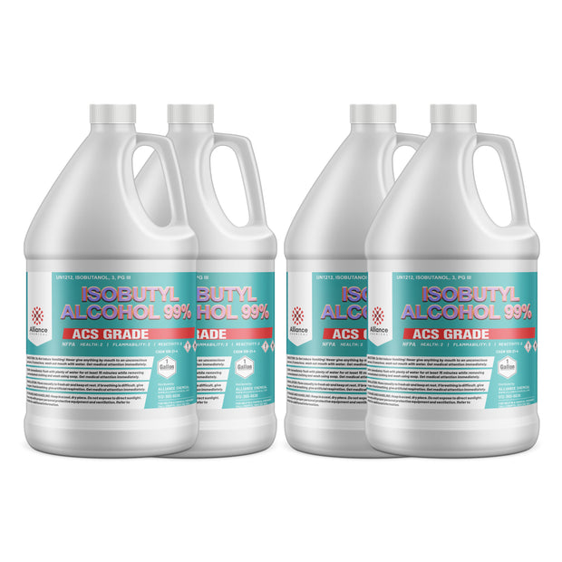 Four 1-gallon HDPE jugs of Alliance Chemical Isobutyl Alcohol 99% ACS Grade with white caps and product label.