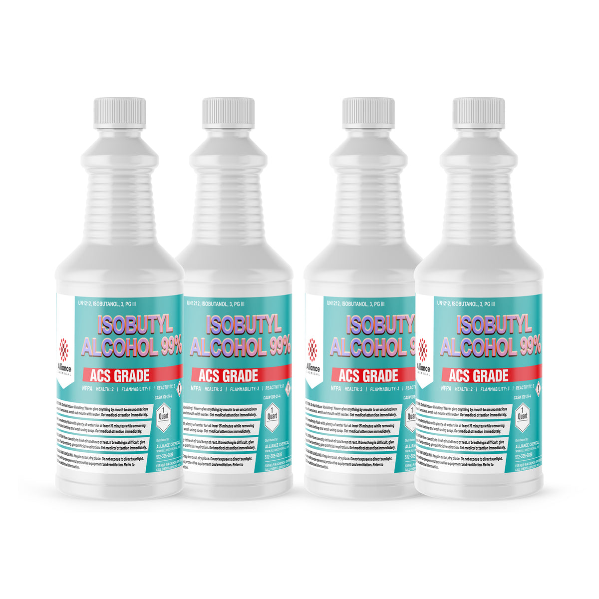 Four 1-quart plastic bottles of Alliance Chemical Isobutyl Alcohol 99% ACS Grade with white ribbed caps and product labels.