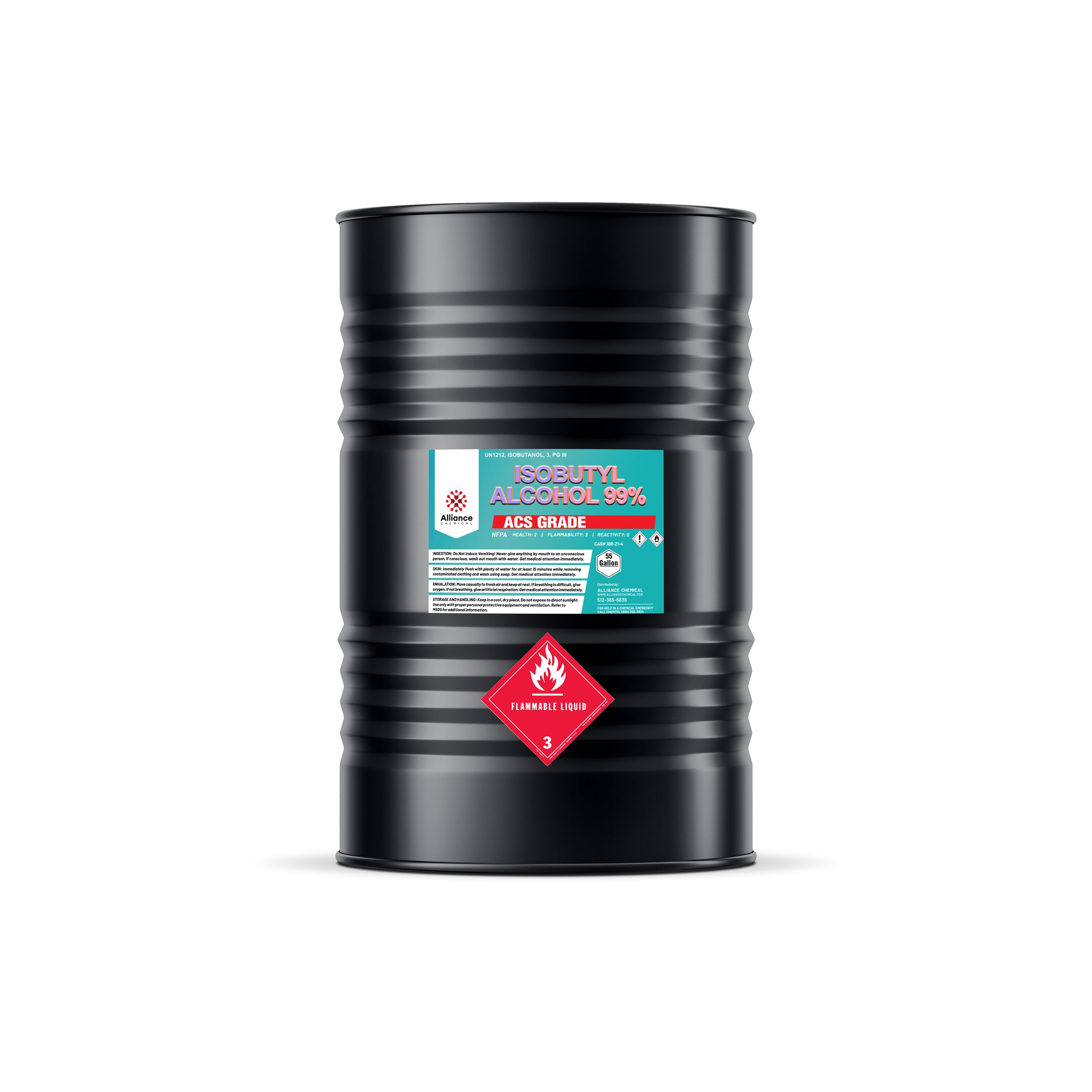 55-gallon black steel drum of Isobutyl Alcohol 99% ACS Grade with flammable liquid Class 3 hazard diamond and turquoise Alliance Chemical label.