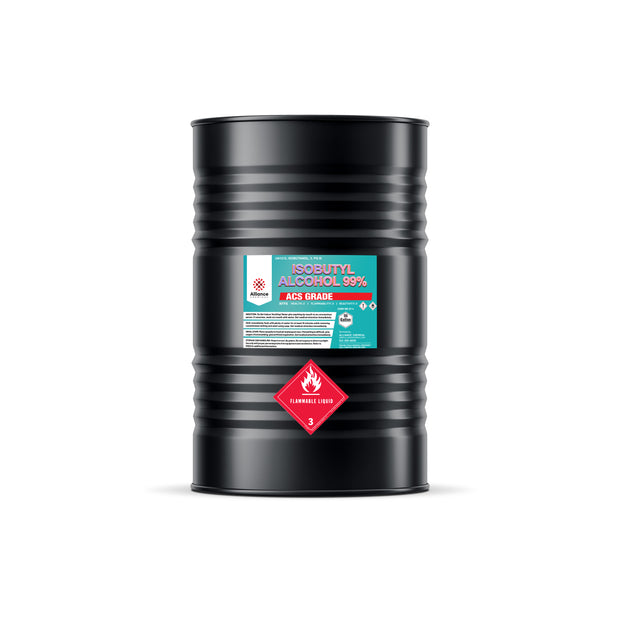 Alliance Chemical 55-gallon black steel drum of Isobutyl Alcohol 99% ACS Grade