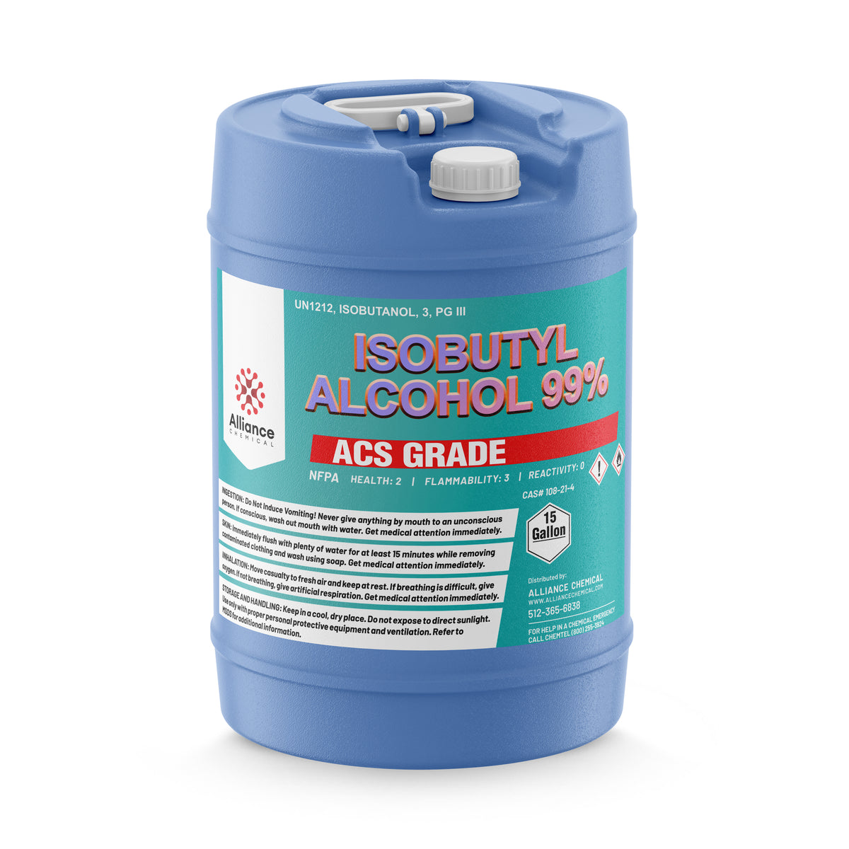 15-gallon HDPE carboy of Alliance Chemical Isobutyl Alcohol 99% ACS Grade, with NFPA diamond, UN1212 marking, and safety