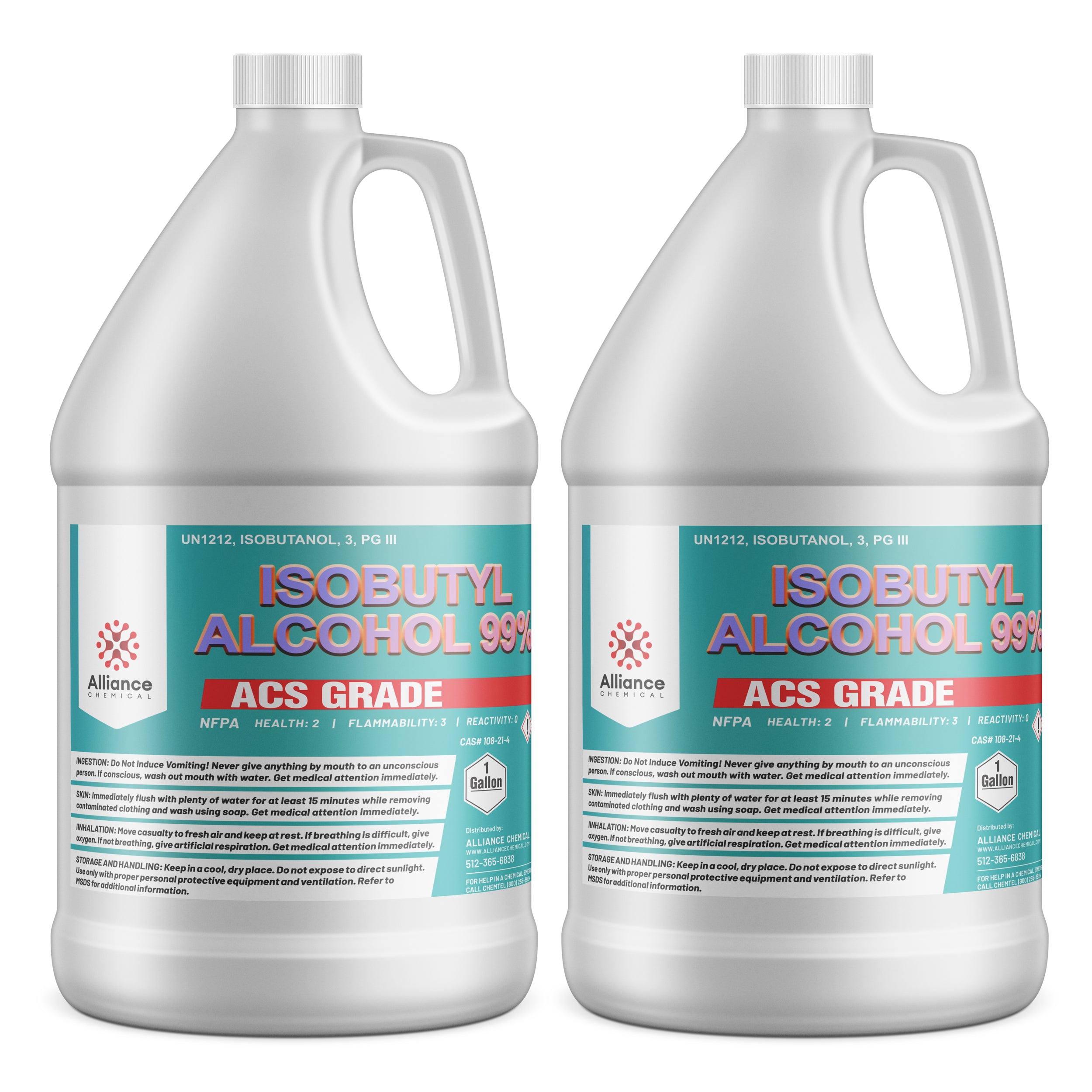 2-gallon white HDPE containers of Isobutyl Alcohol 99% ACS Grade by Alliance Chemical with UN1212 classification and NFPA hazard labels.