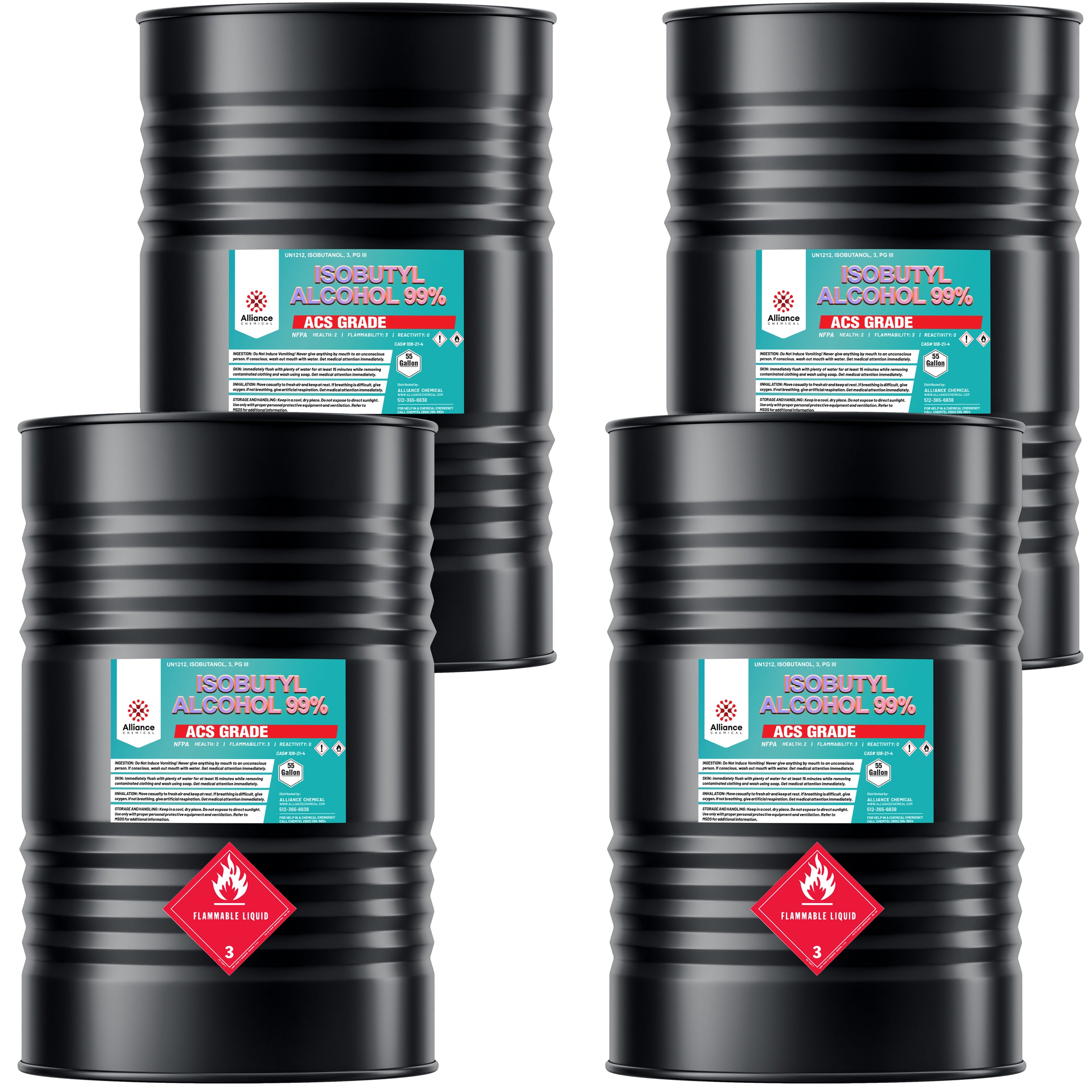 Four 55-gallon black steel drums of 99% Isobutyl Alcohol ACS Grade by Alliance Chemicals, labeled with teal product labels and Class 3 Flammable Liquid warning diamonds.