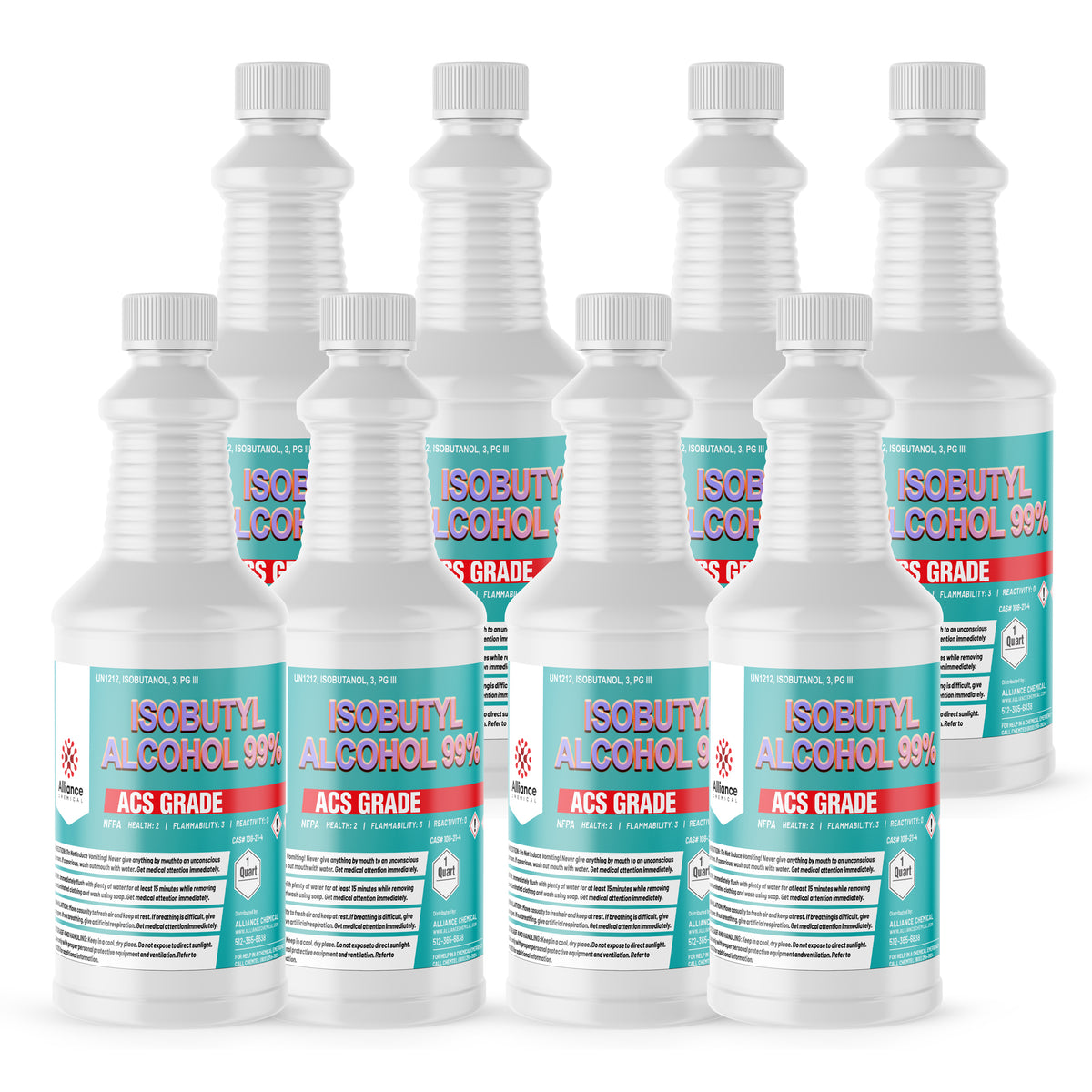 8x1 quart bottles of Isobutyl Alcohol 99% ACS Grade in ribbed HDPE containers with NFPA hazard labels and Alliance Chemical